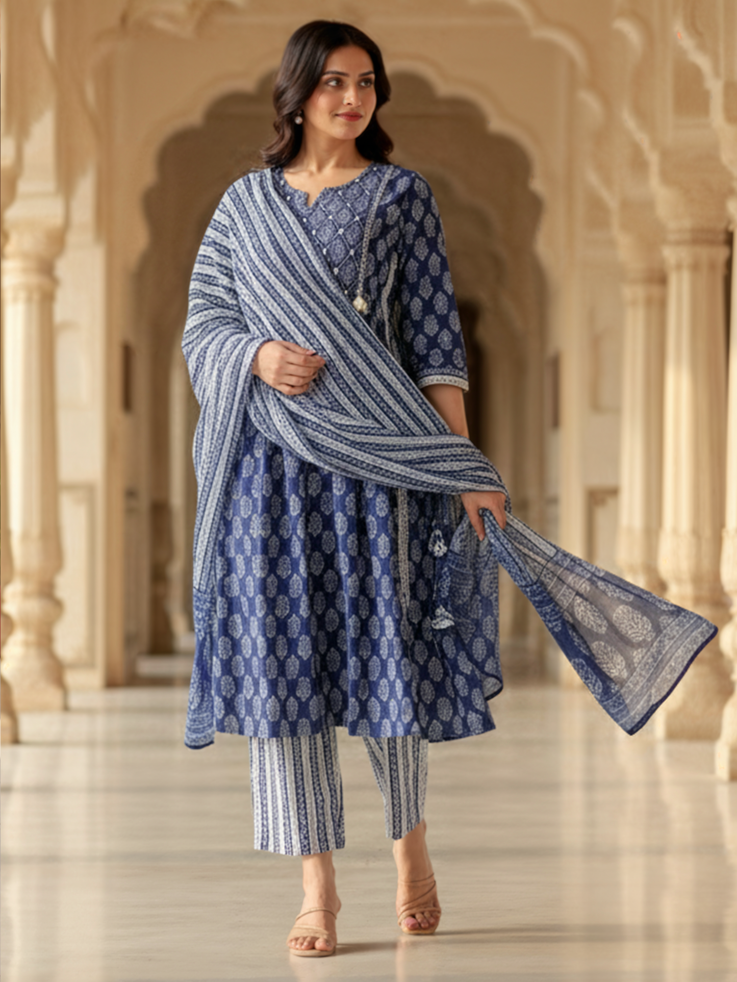 Embroidered Soft Cotton Butti Flared Blue Kurta
