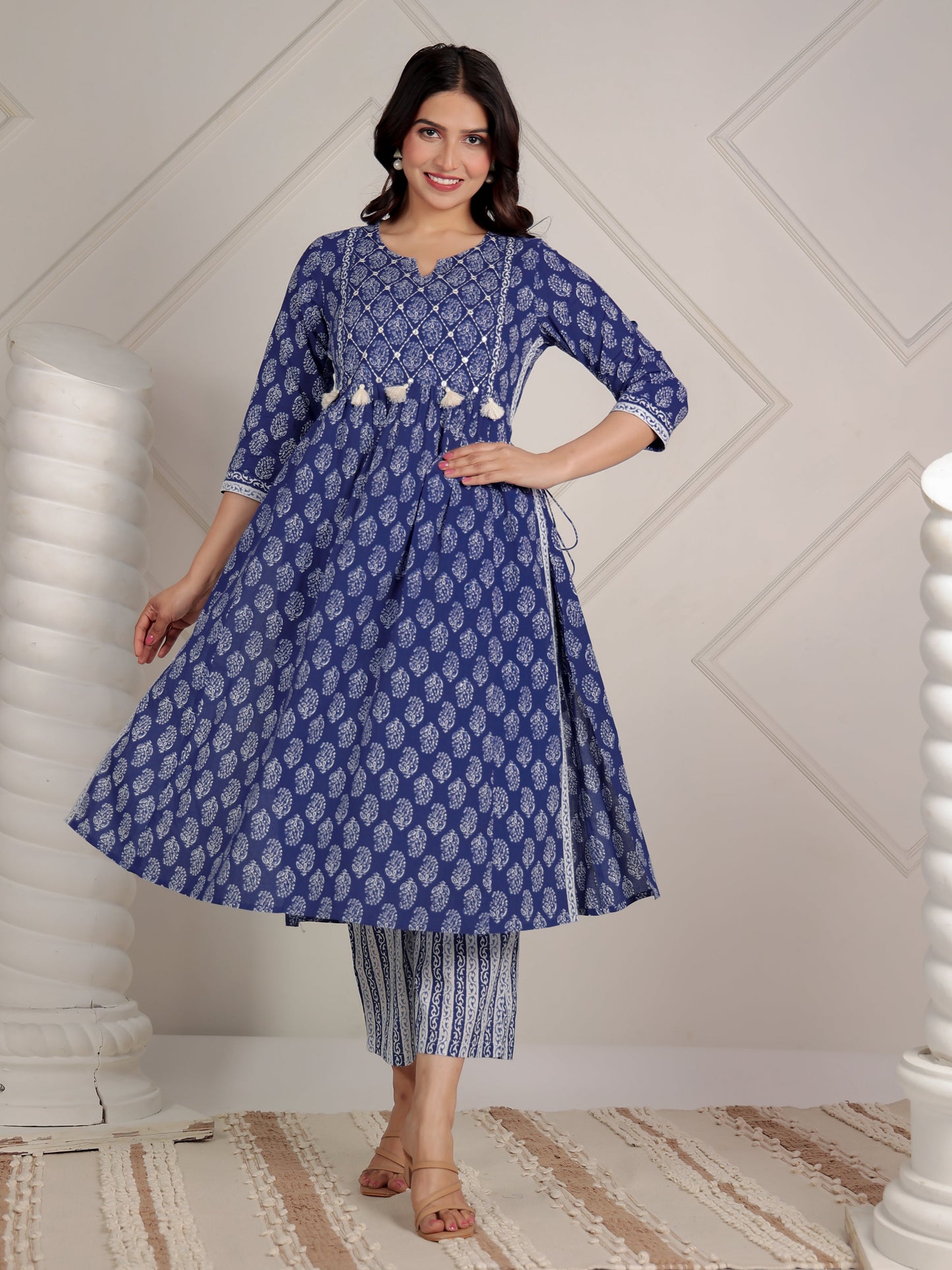 Embroidered Soft Cotton Butti A-line Blue Kurta