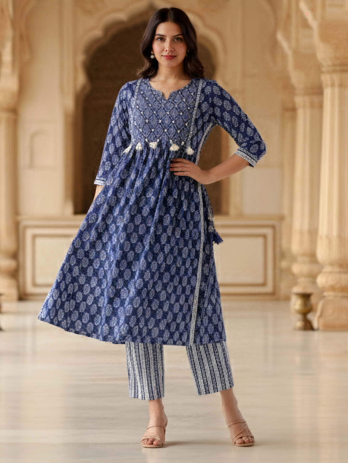 Embroidered Soft Cotton Butti Flared Blue Kurta