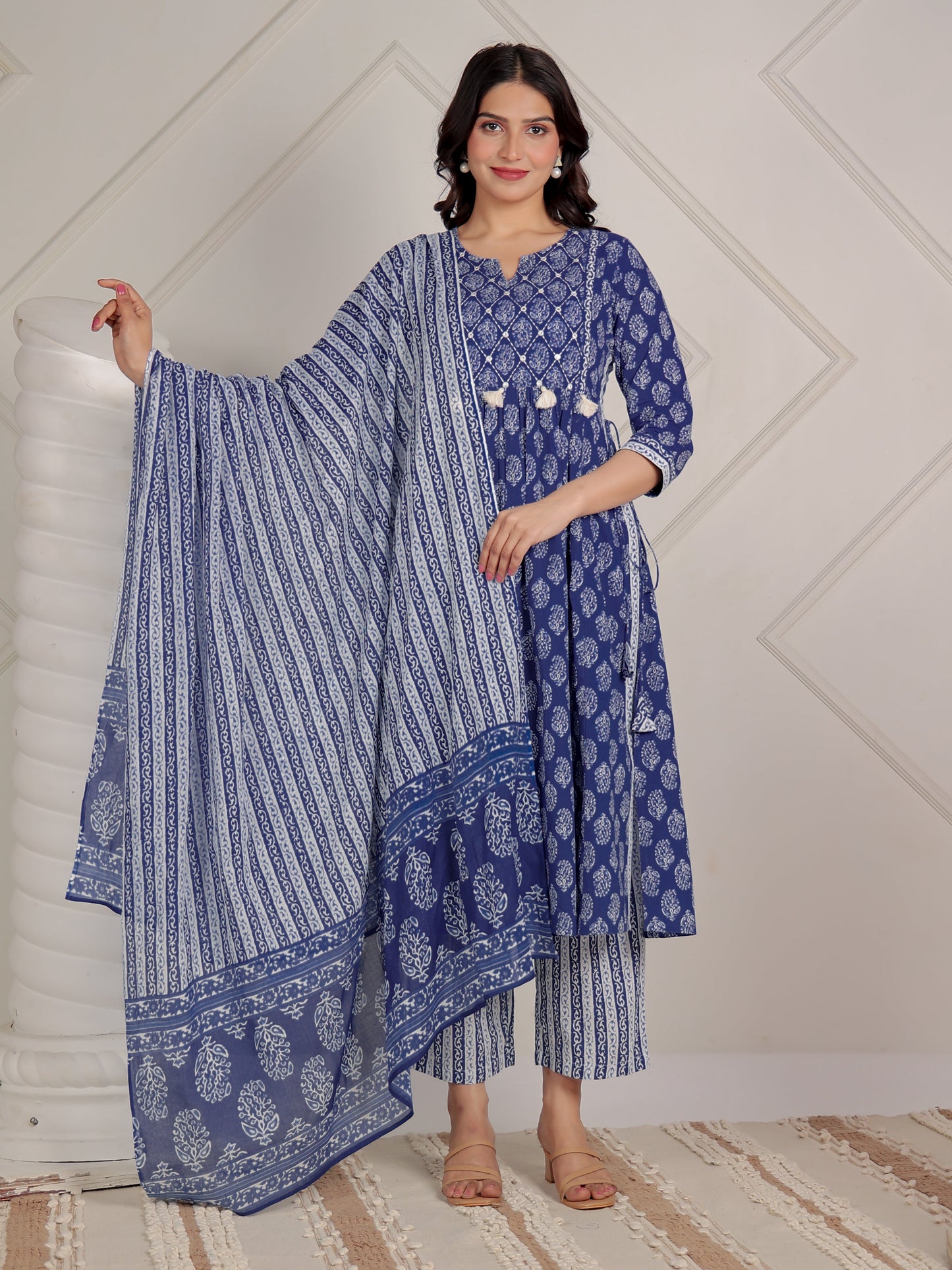 Embroidered Soft Cotton Butti A-line Blue Kurta