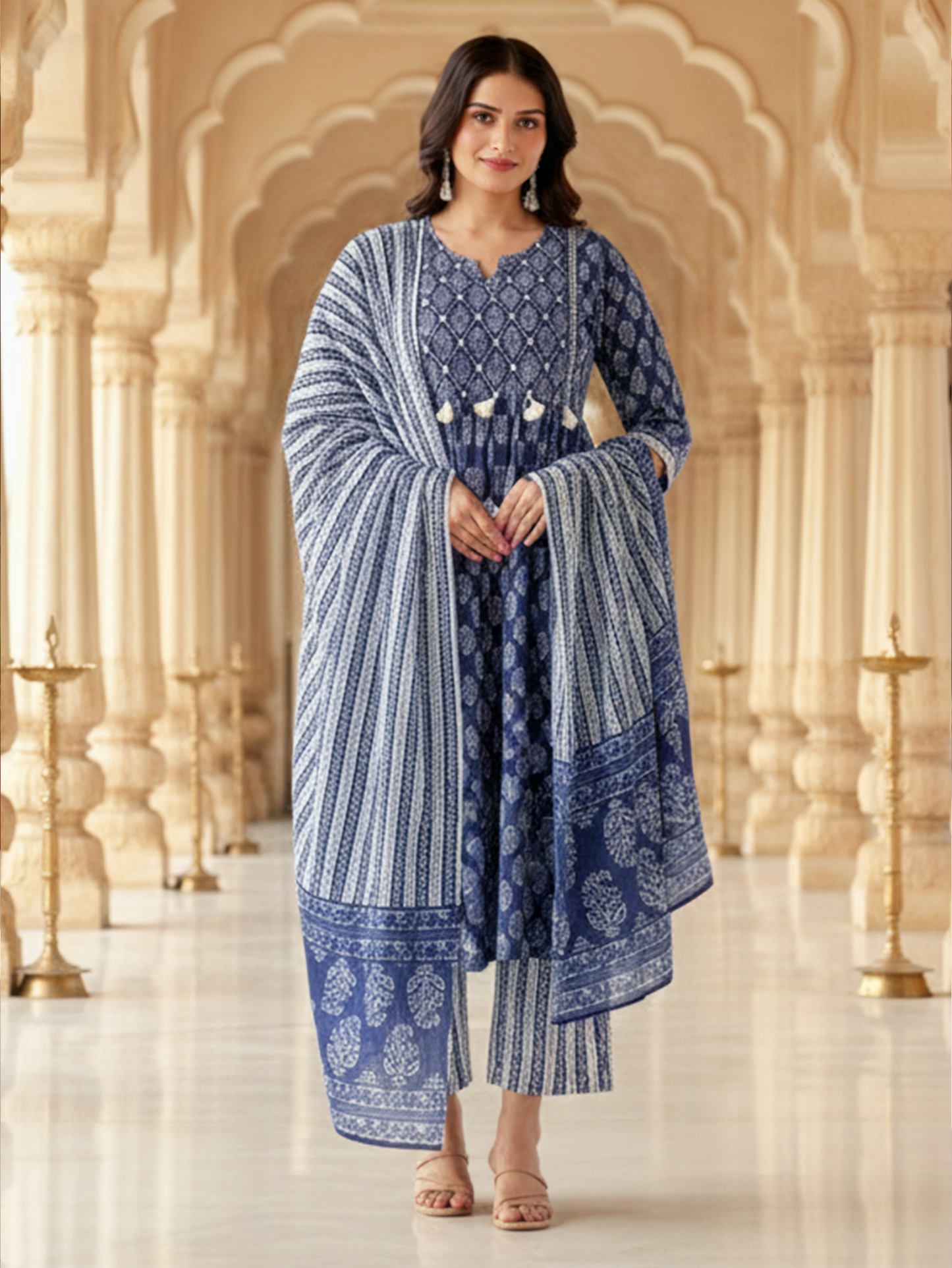 Embroidered Soft Cotton Butti Flared Blue Kurta