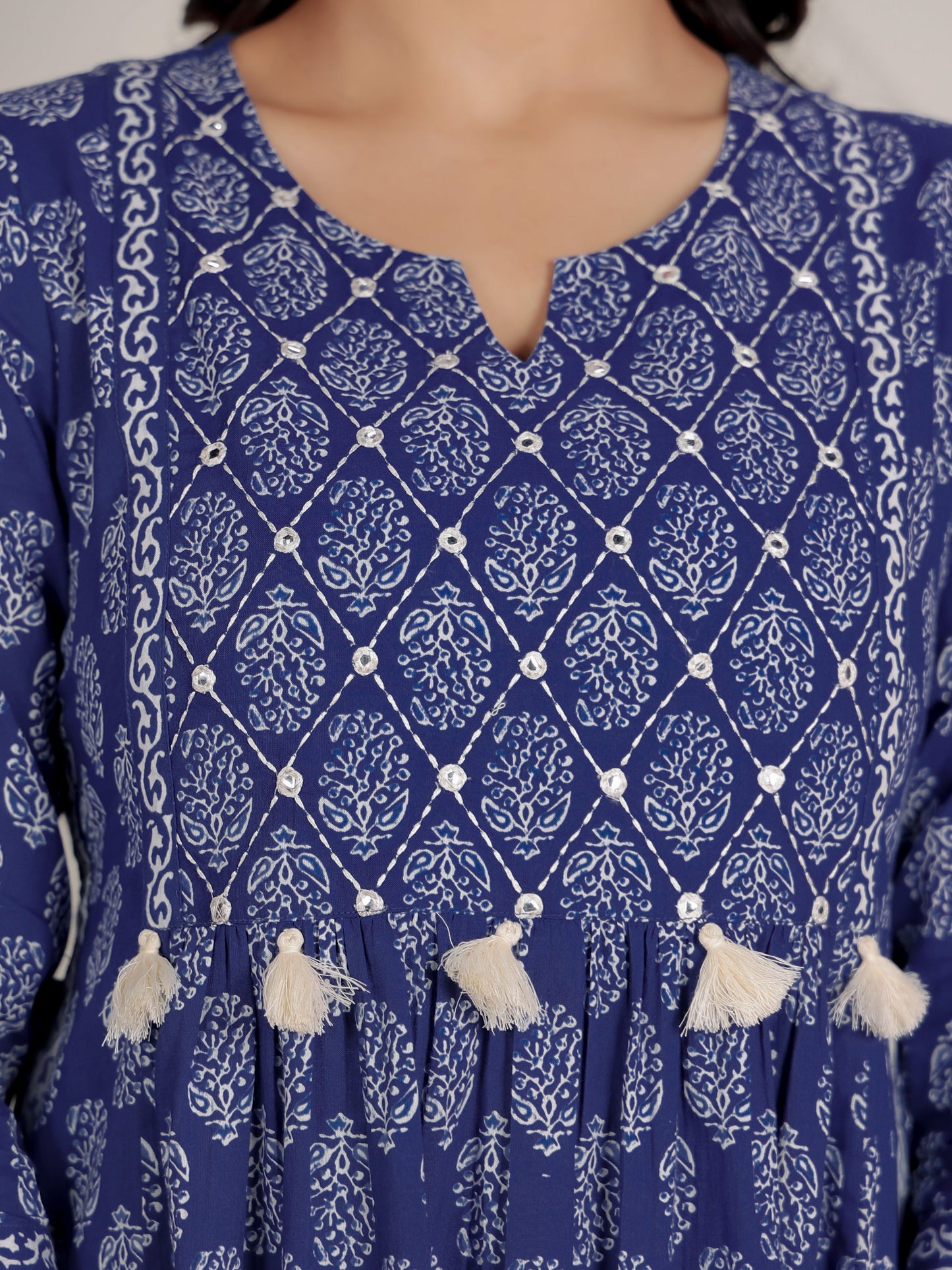 Embroidered Soft Cotton Butti A-line Blue Kurta