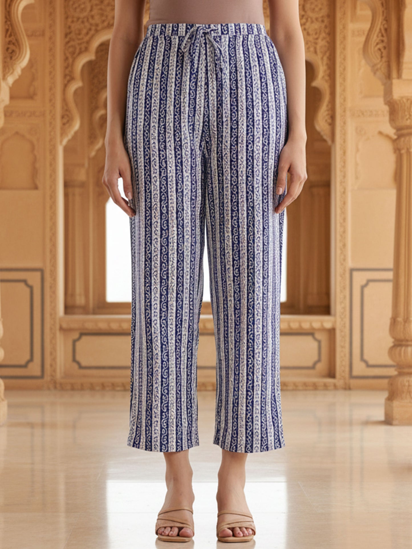 Soft Cotton Striped Blue Straight Trousers
