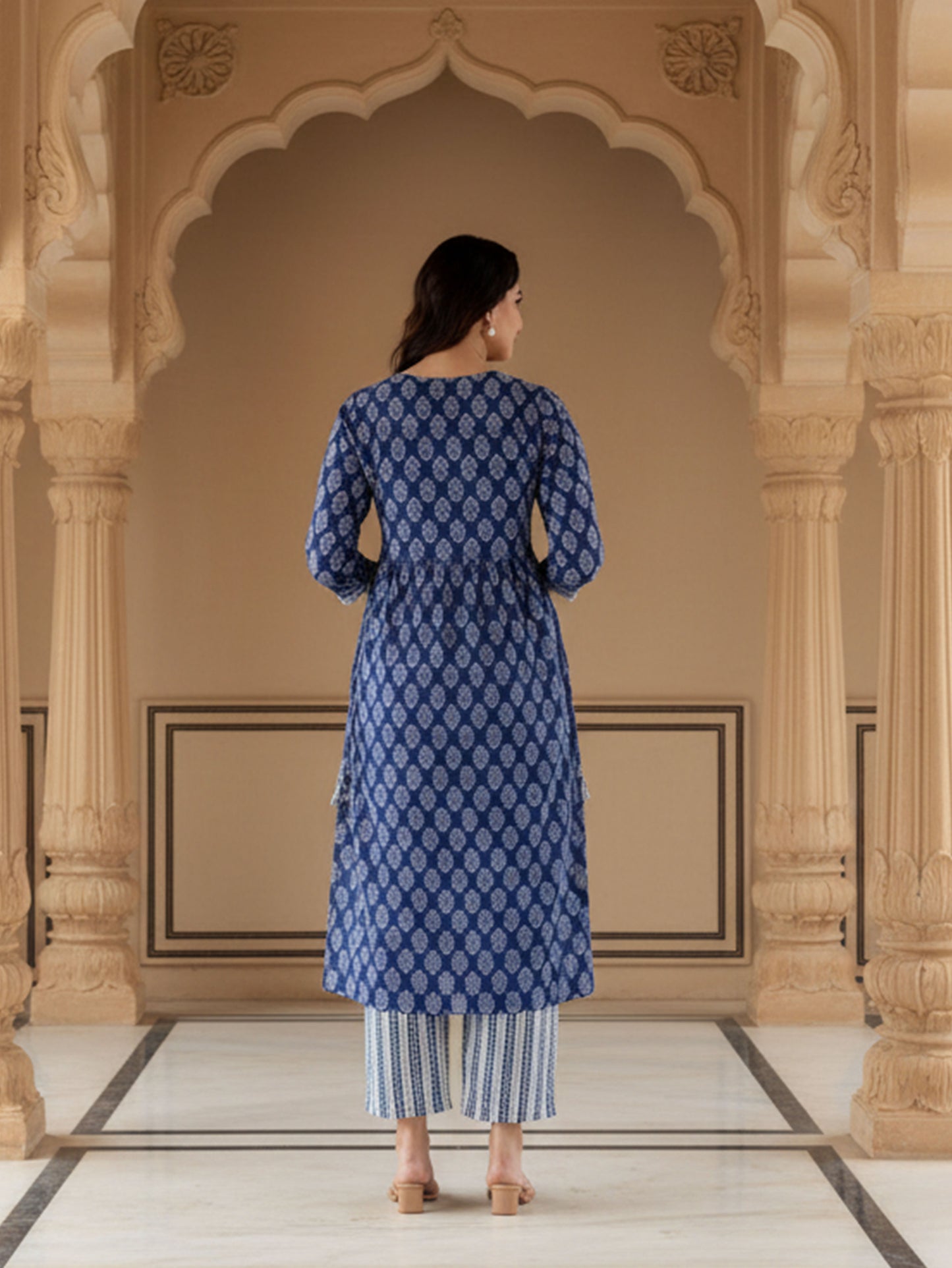 Embroidered Soft Cotton Butti Flared Blue Kurta