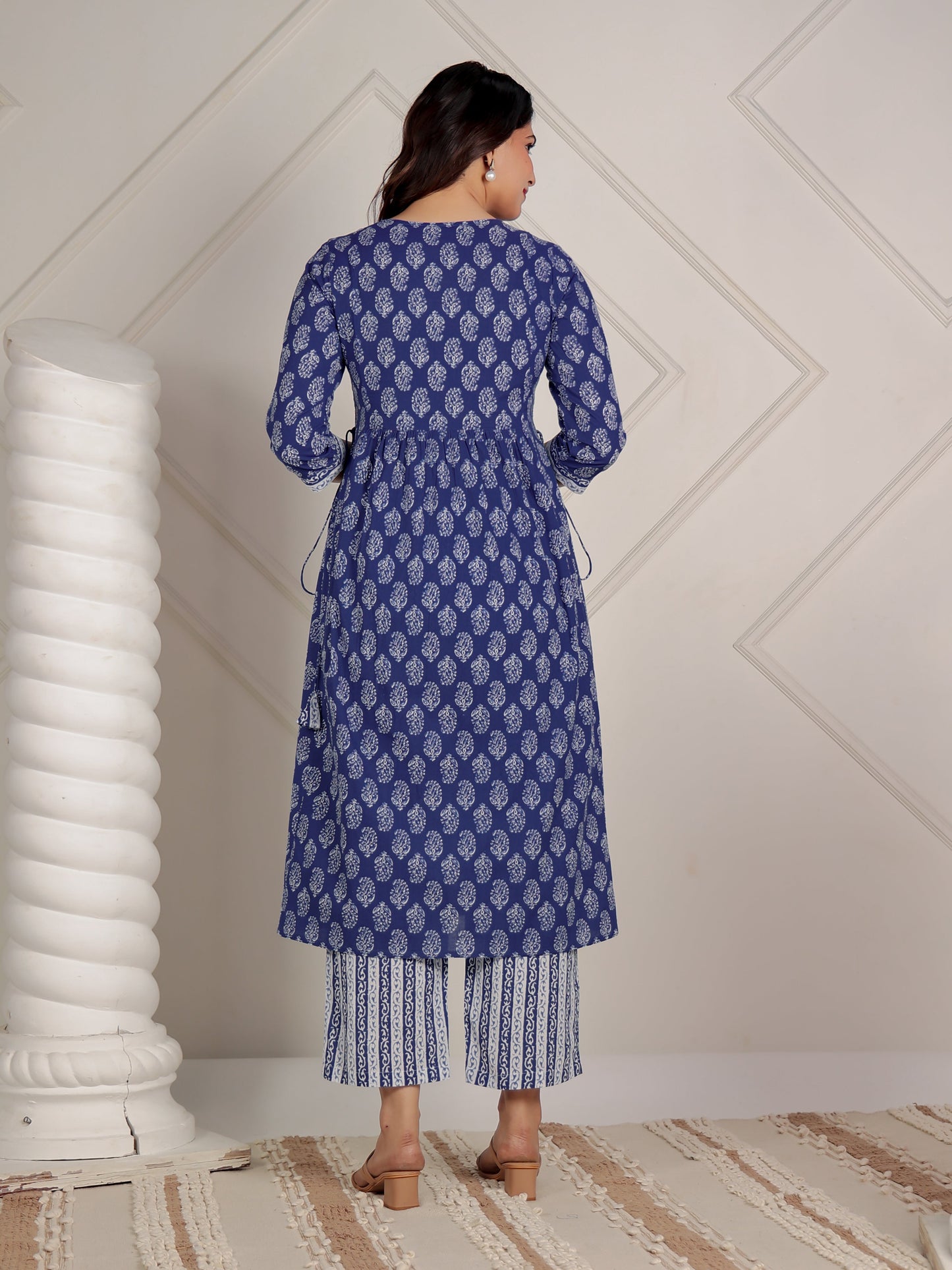 Embroidered Soft Cotton Butti A-line Blue Kurta