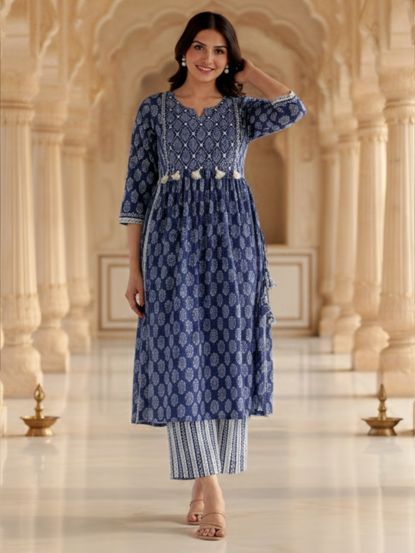 Embroidered Soft Cotton Butti Flared Blue Kurta