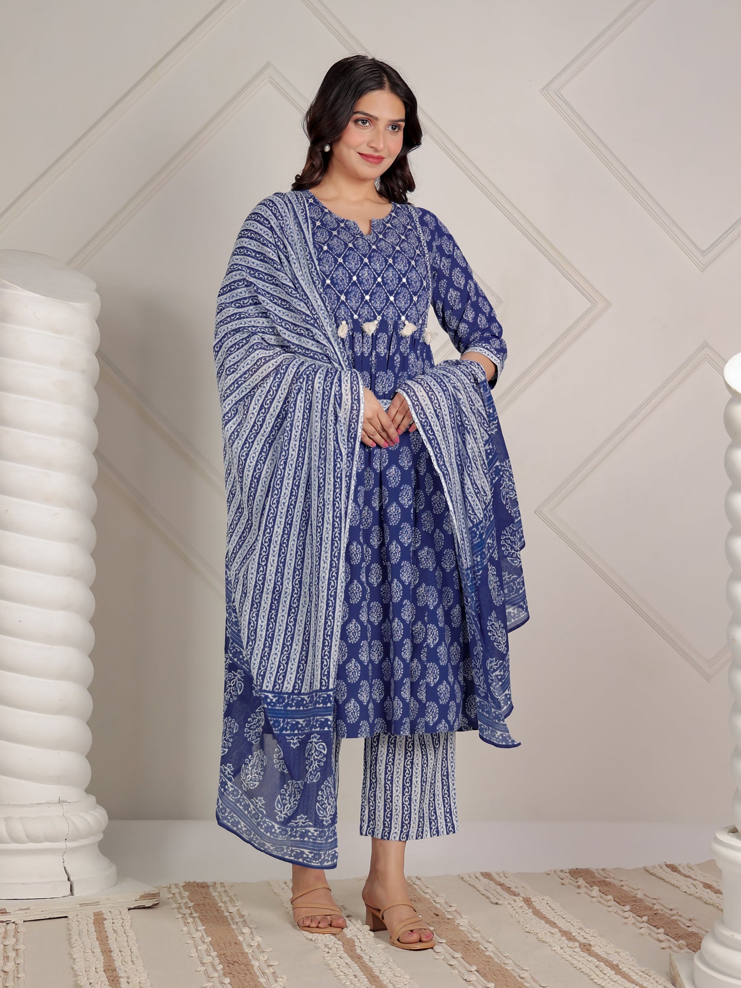 Embroidered Soft Cotton Butti A-line Blue Kurta