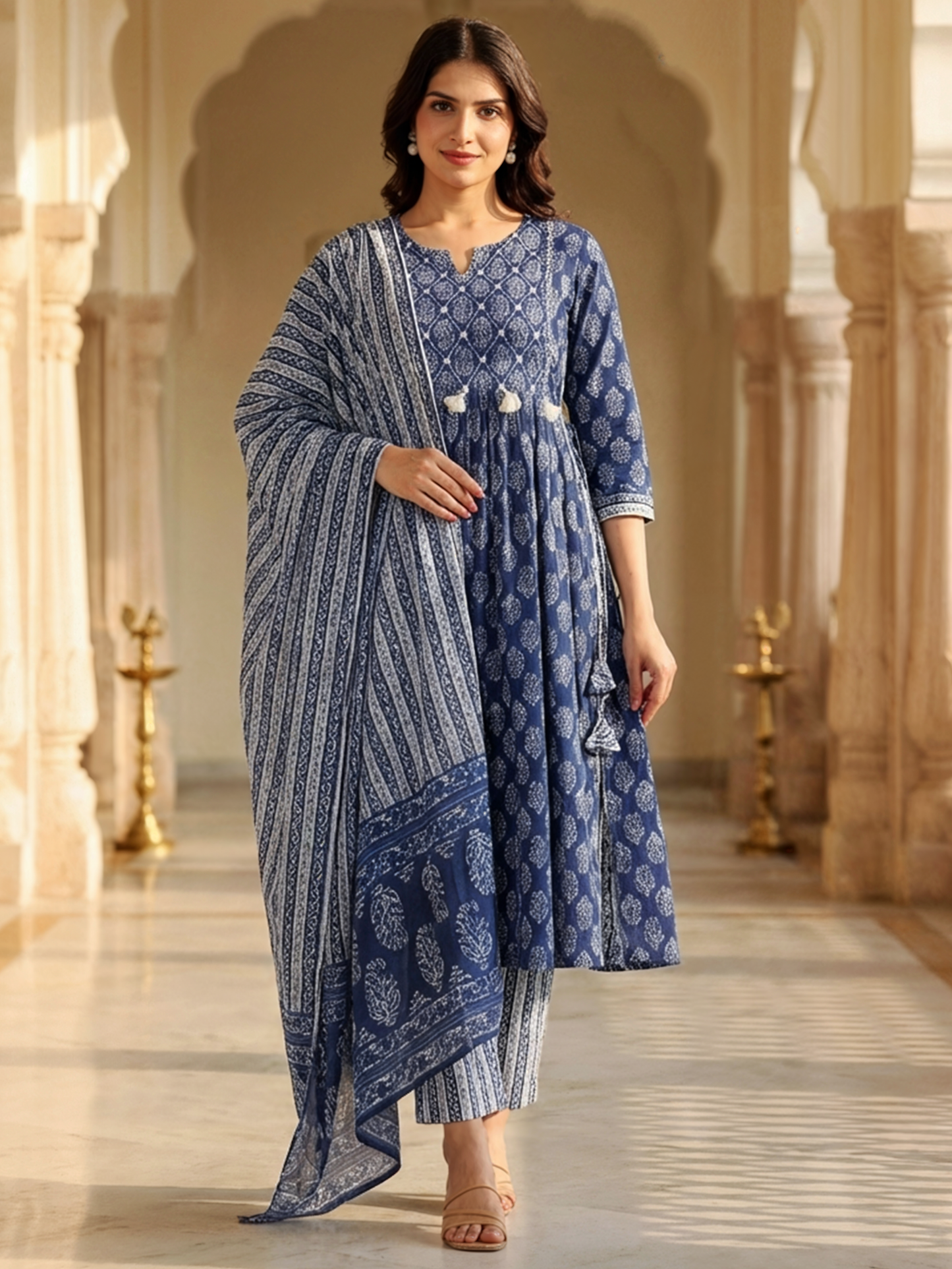 Embroidered Soft Cotton Butti Flared Blue Kurta