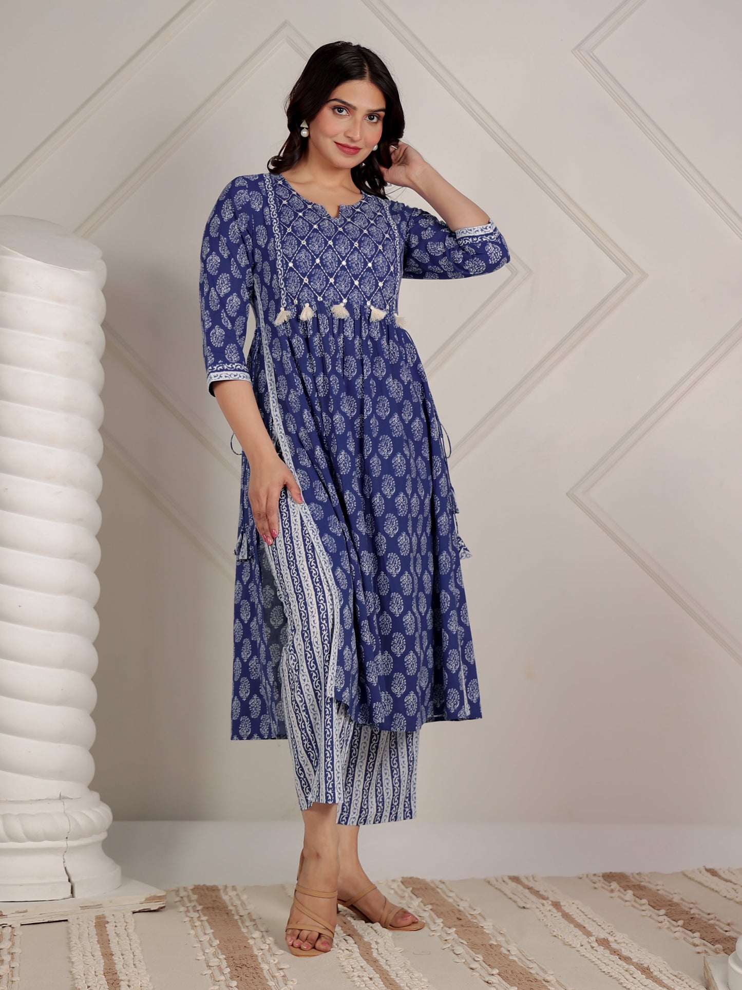 Embroidered Soft Cotton Butti A-line Blue Kurta