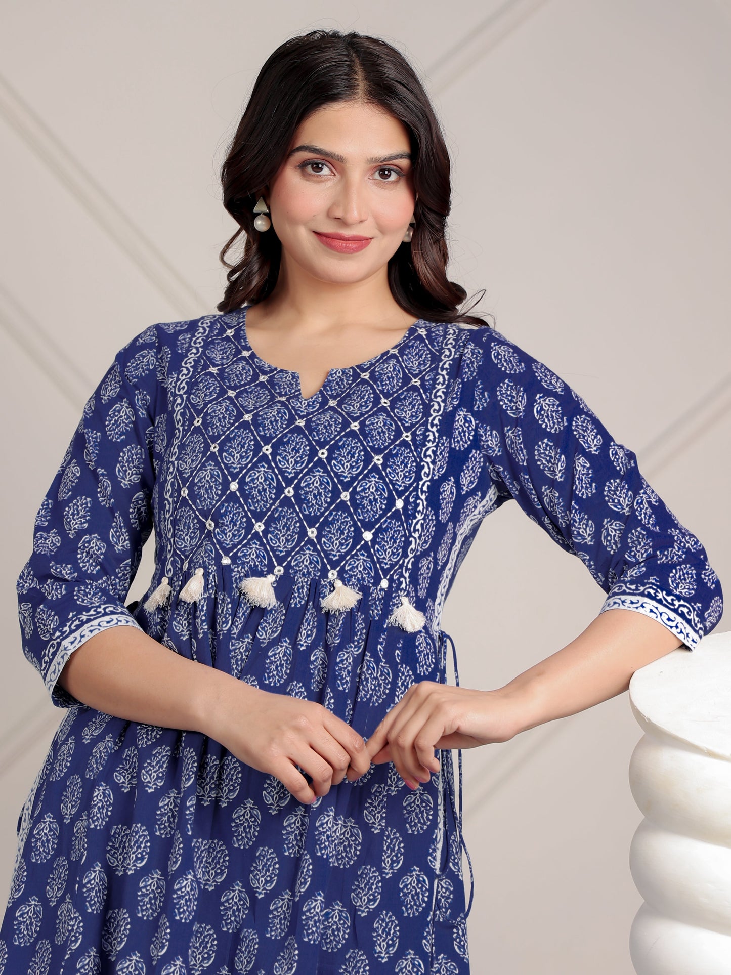 Embroidered Soft Cotton Butti A-line Blue Kurta