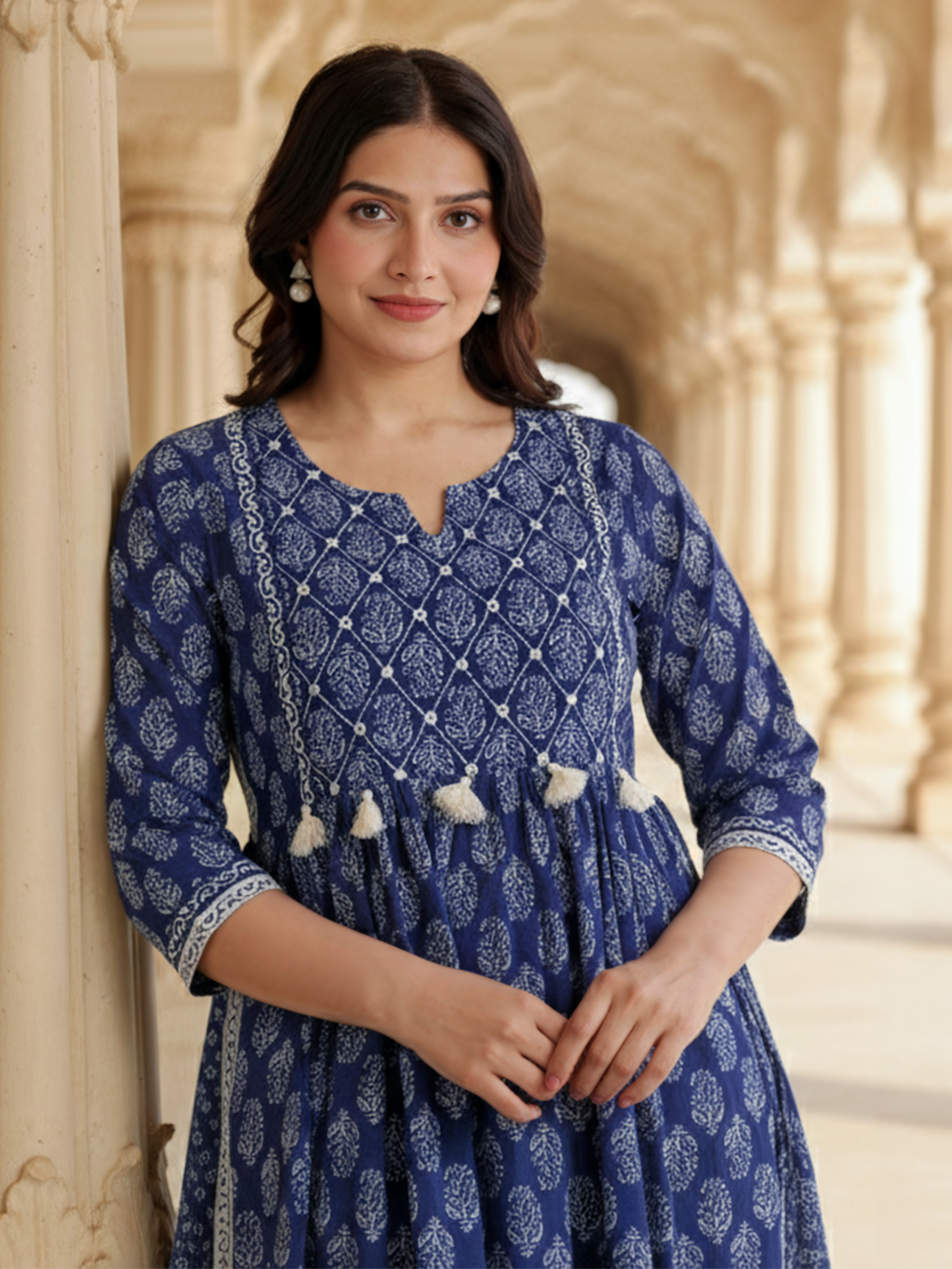 Embroidered Soft Cotton Butti Flared Blue Kurta