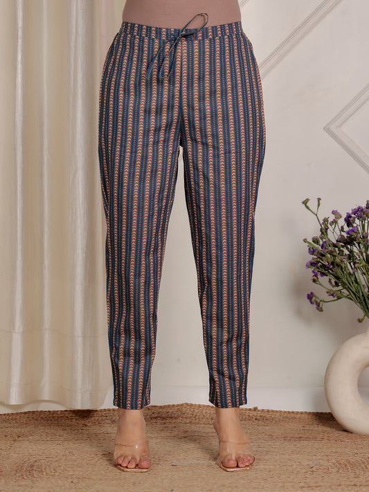 Soft Cotton Striped Teal Tapered Trousers