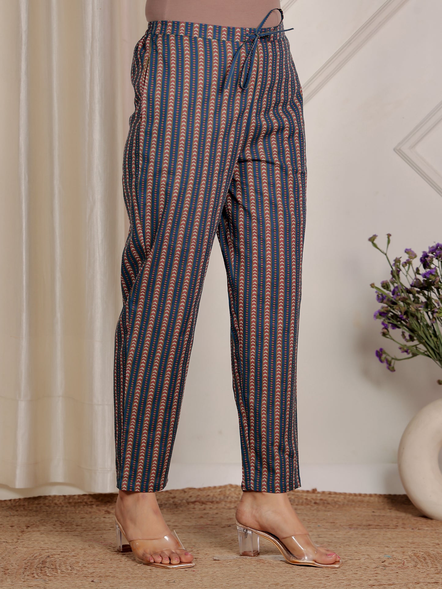 Soft Cotton Striped Teal Tapered Trousers