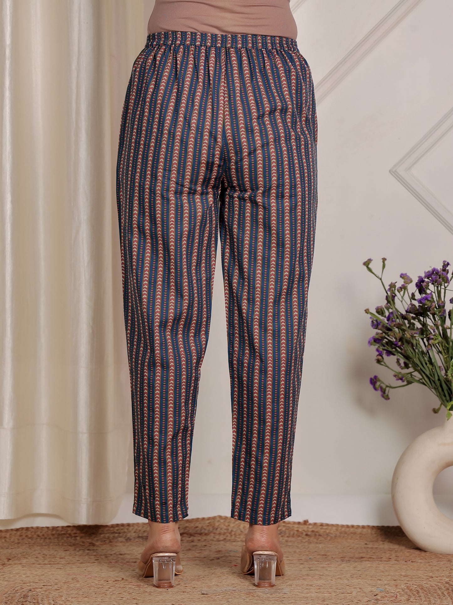 Soft Cotton Striped Teal Tapered Trousers