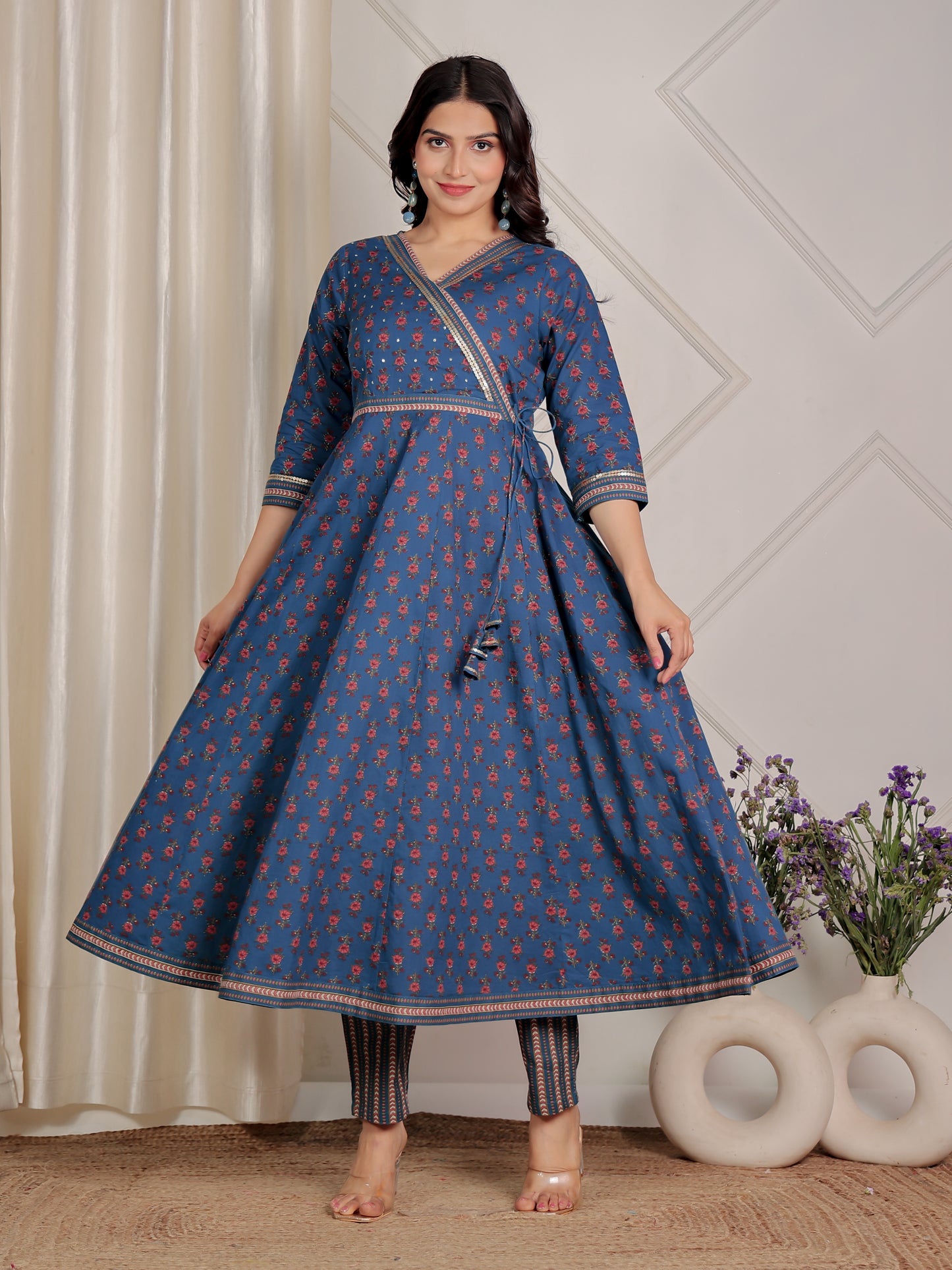 Embroidered Soft Cotton Floral Angrakha Blue Kurta