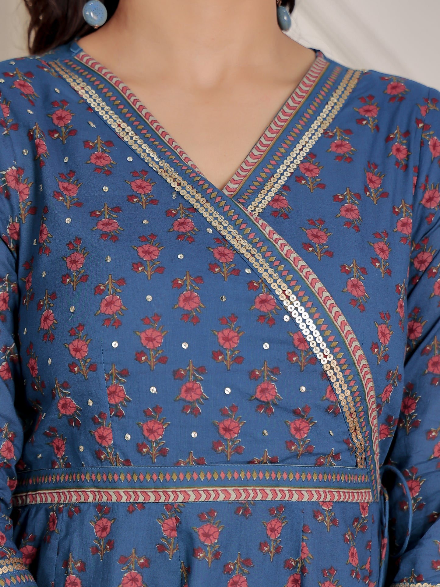 Embroidered Soft Cotton Floral Angrakha Blue Kurta