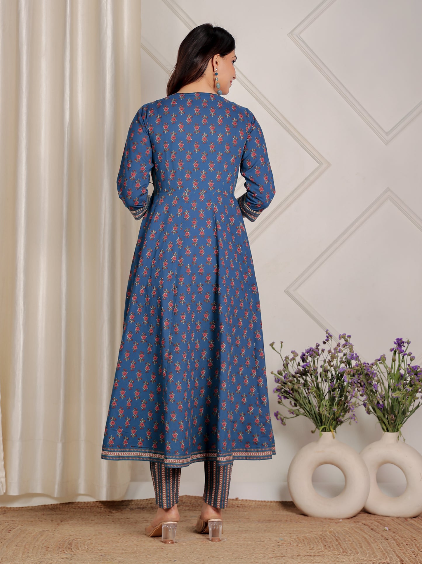 Embroidered Soft Cotton Floral Angrakha Blue Kurta