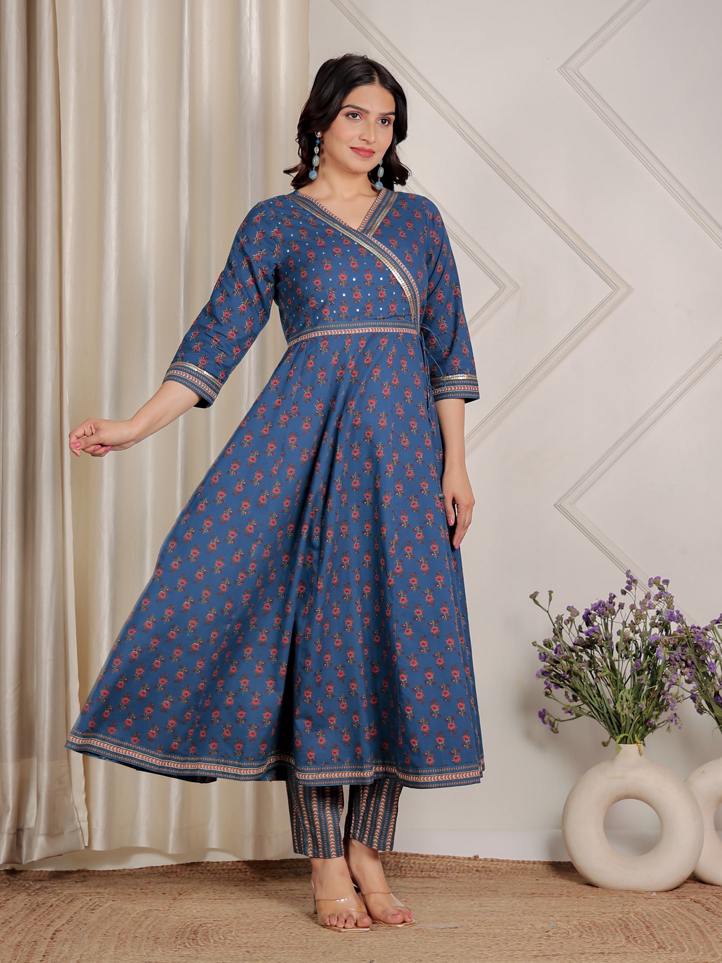 Embroidered Soft Cotton Floral Angrakha Blue Kurta