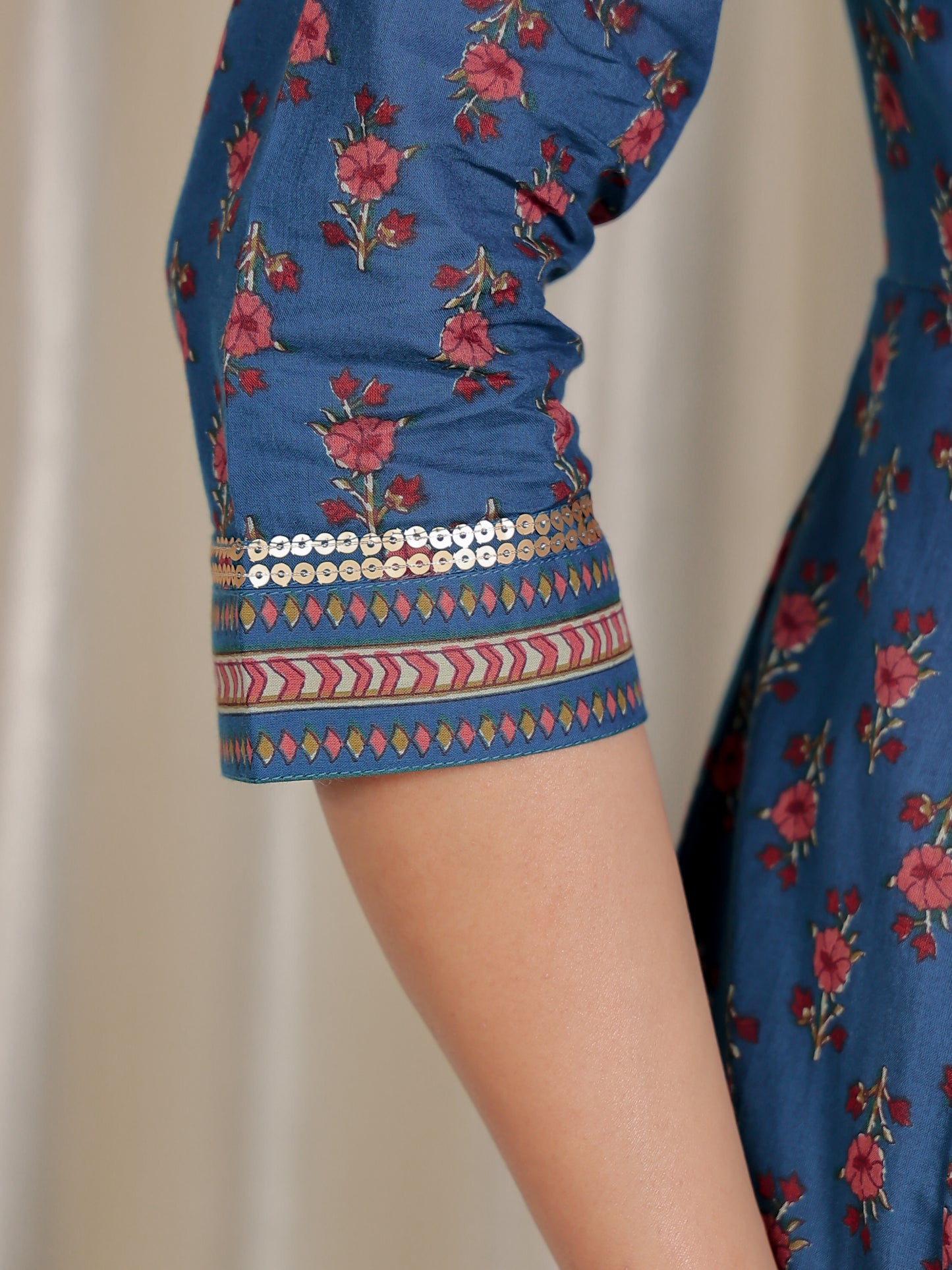 Embroidered Soft Cotton Floral Angrakha Blue Kurta