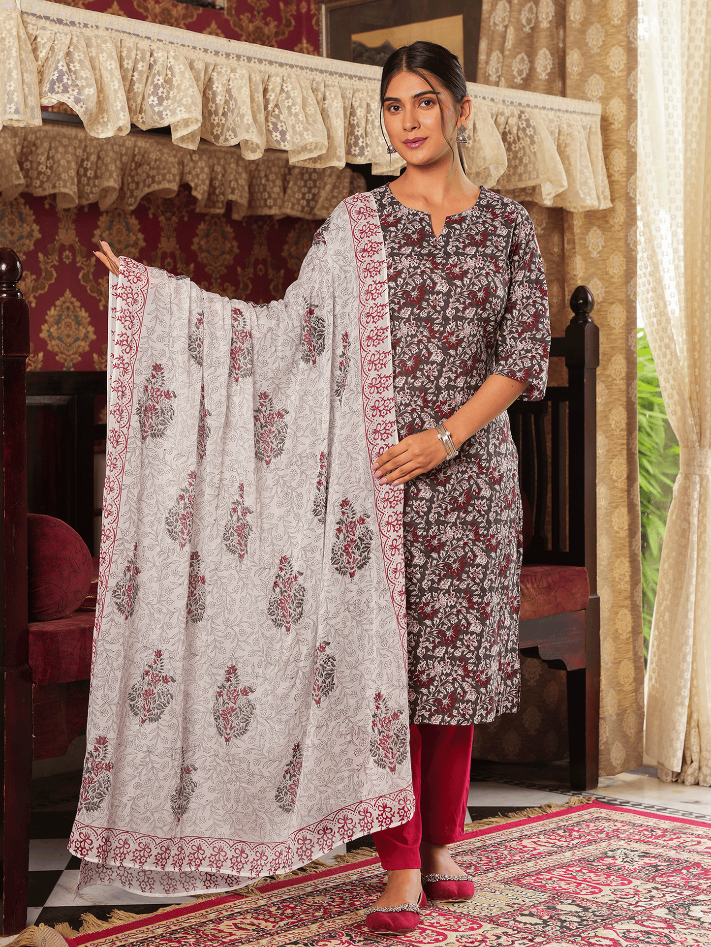 Soft Cotton Floral Straight Grey Kurta