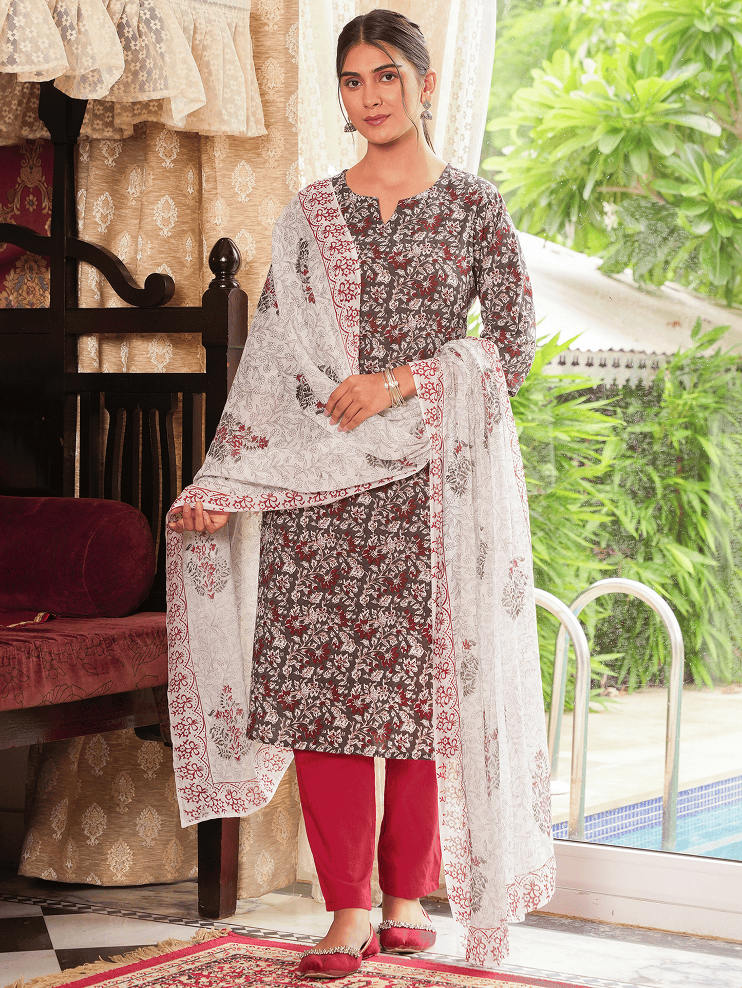 Soft Cotton Floral Straight Grey Kurta