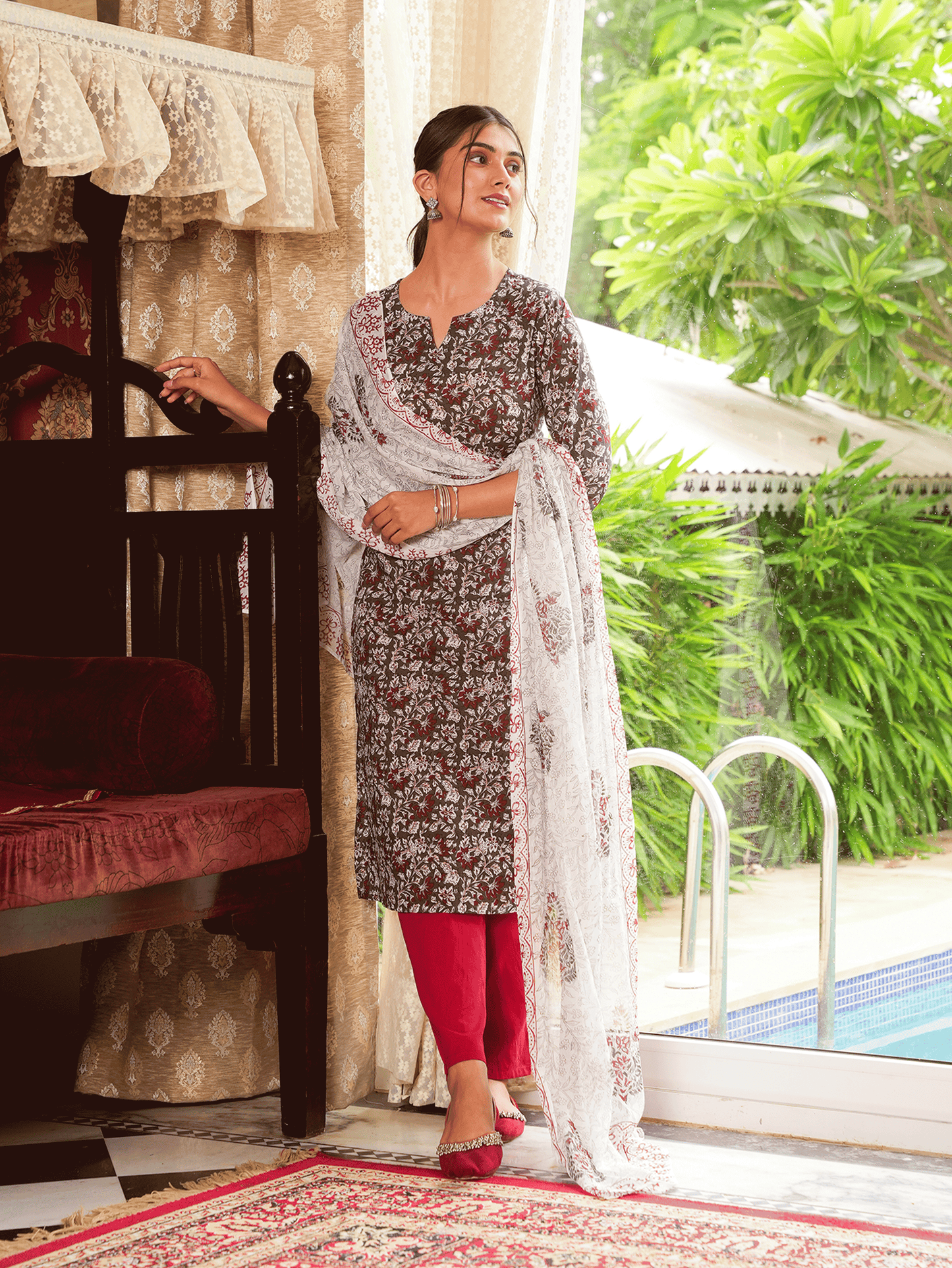 Soft Cotton Floral Straight Grey Kurta