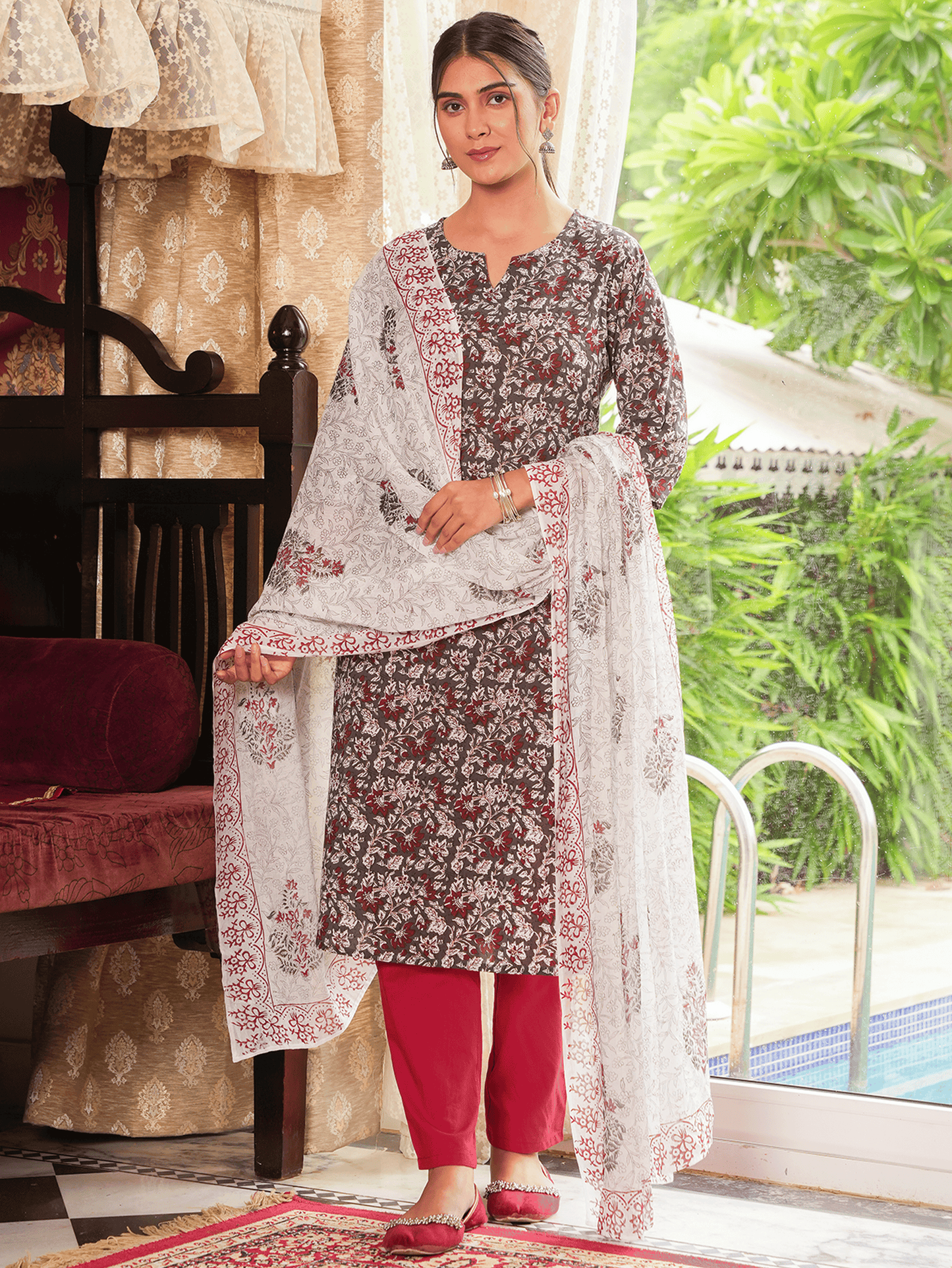 Soft Cotton Floral Straight Grey Kurta