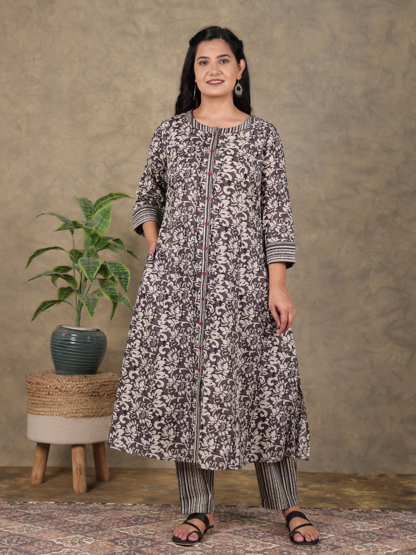 Embroidered Soft Cotton Floral Flared Brown Kurta
