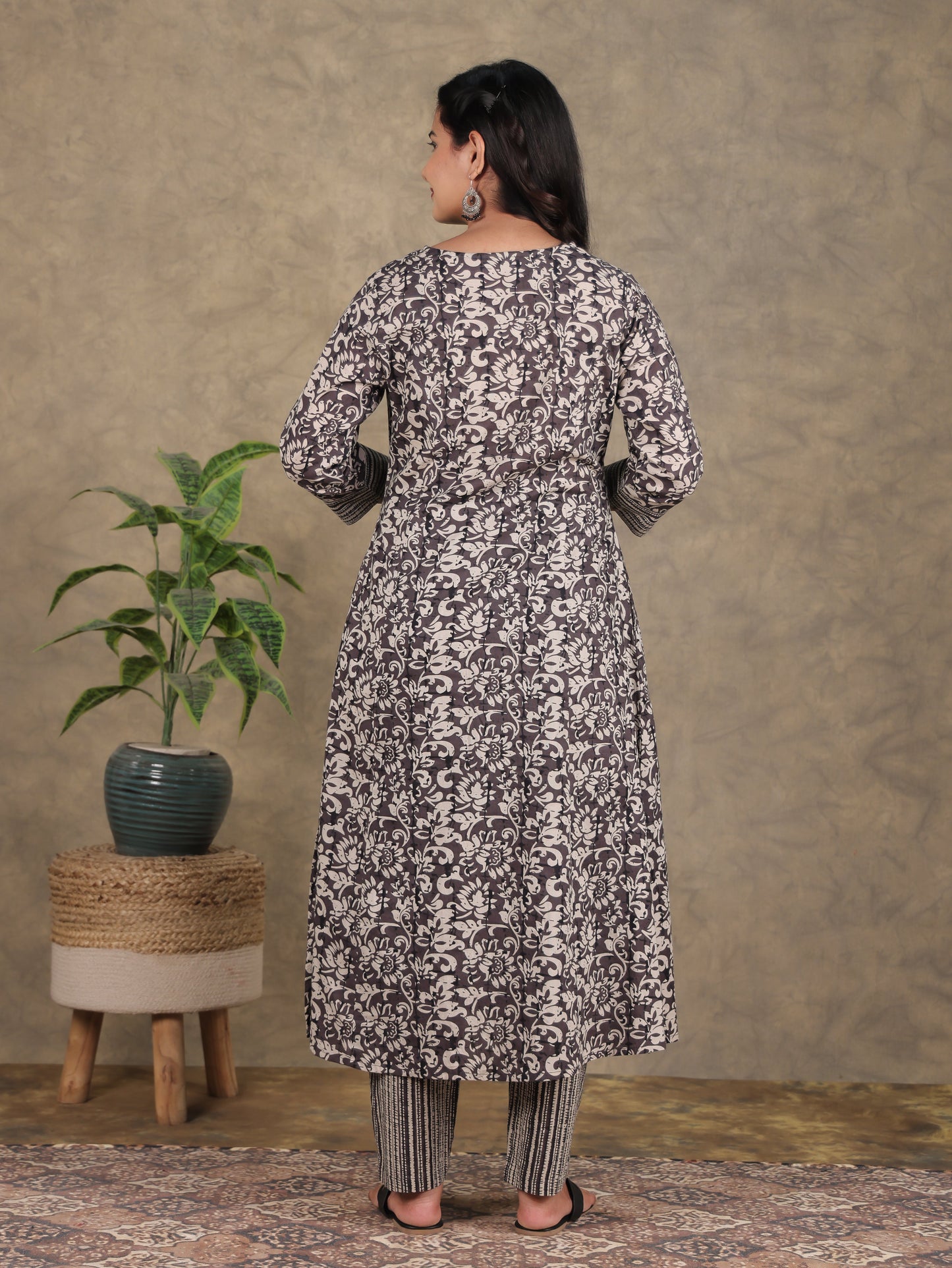 Embroidered Soft Cotton Floral Flared Brown Kurta