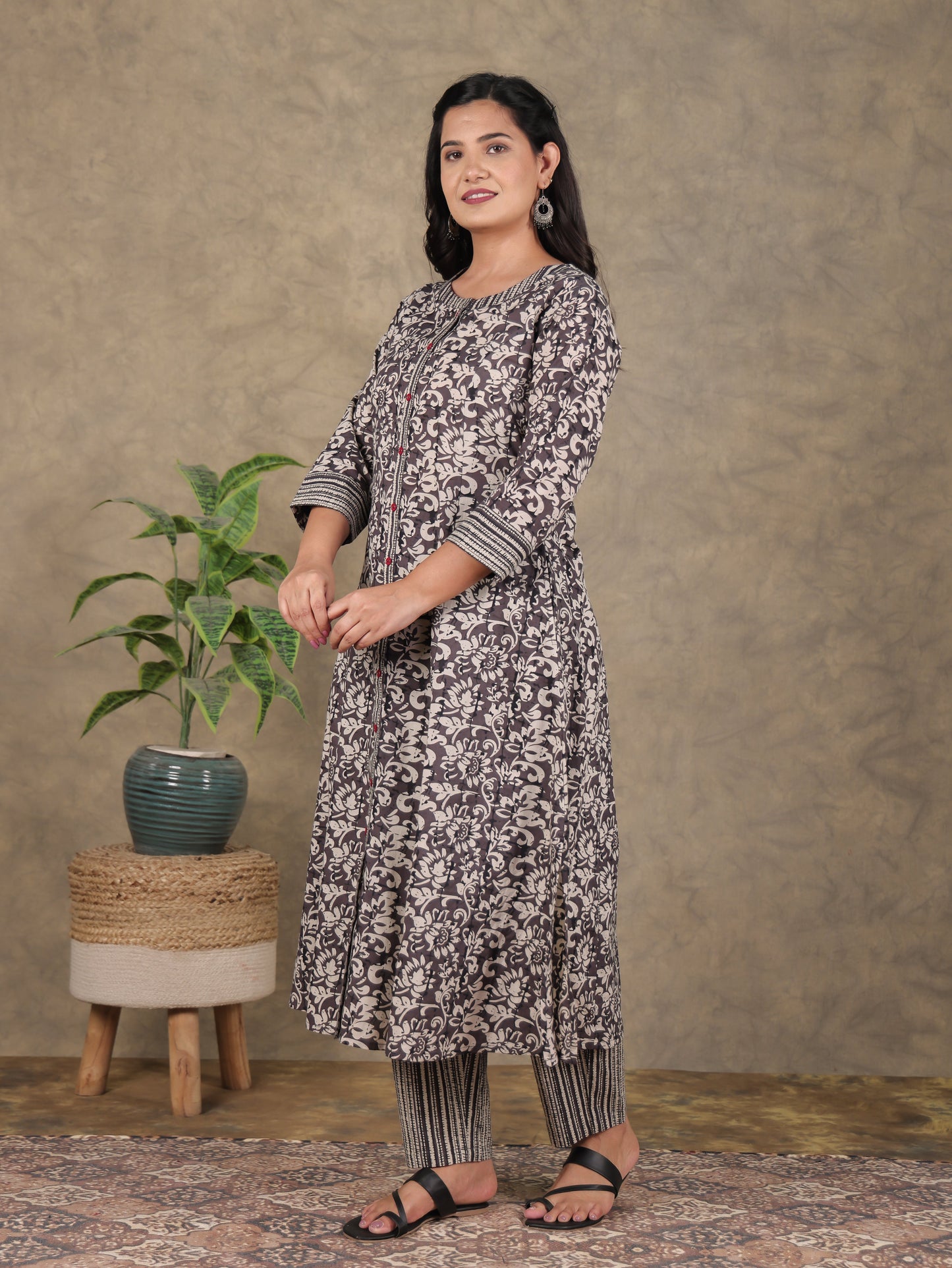 Embroidered Soft Cotton Floral Flared Brown Kurta