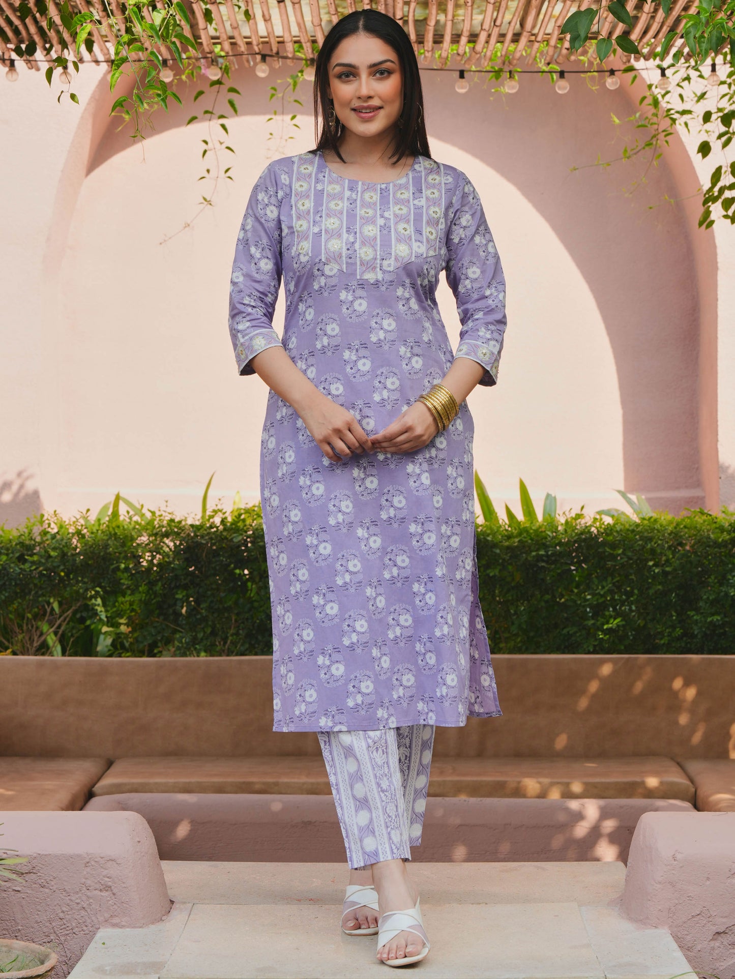 Embroidered Soft Cotton Floral Straight Purple Kurta