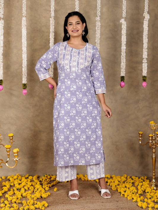 Embroidered Soft Cotton Floral Straight Purple Kurta
