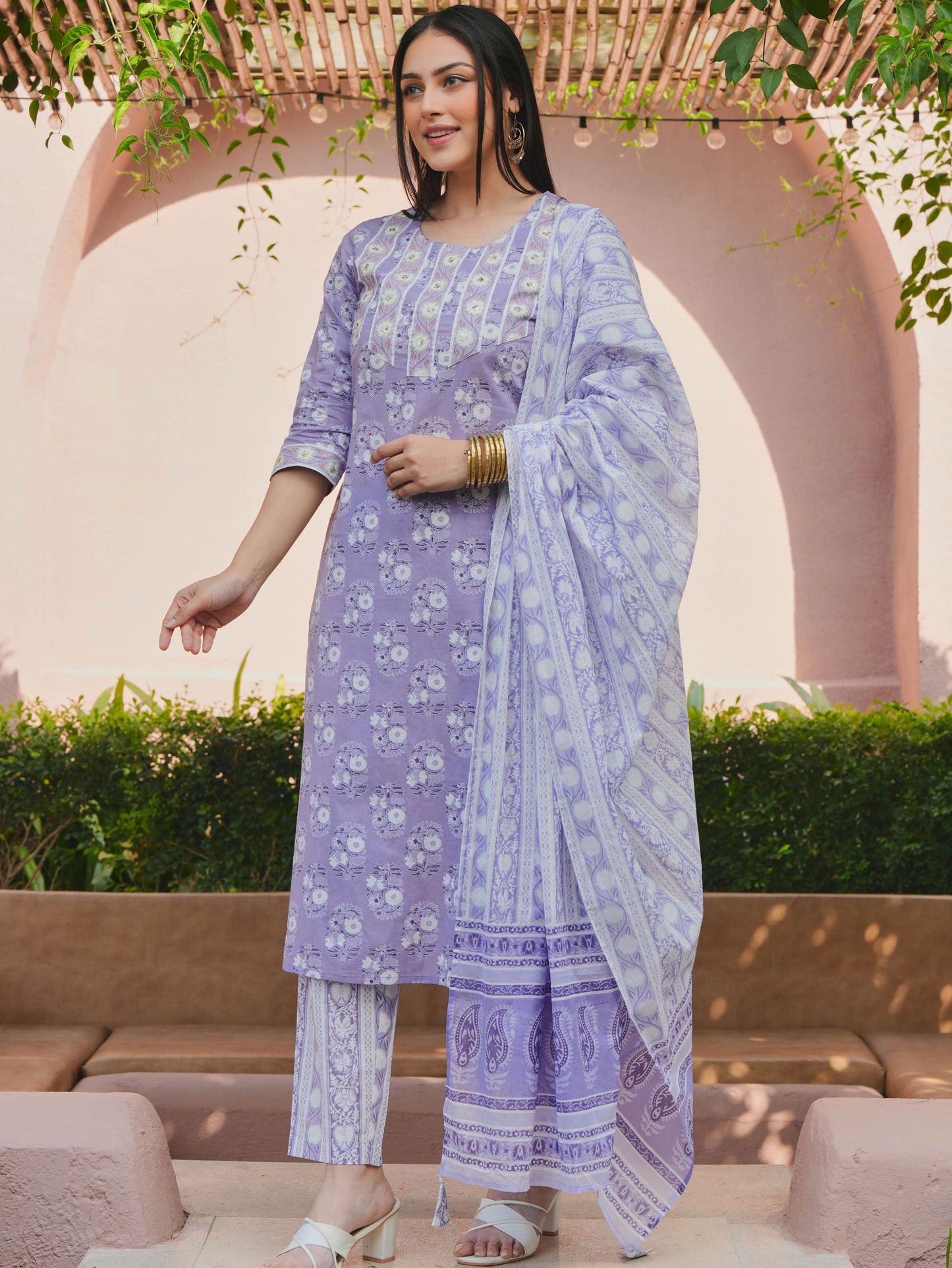 Embroidered Soft Cotton Floral Straight Purple Kurta