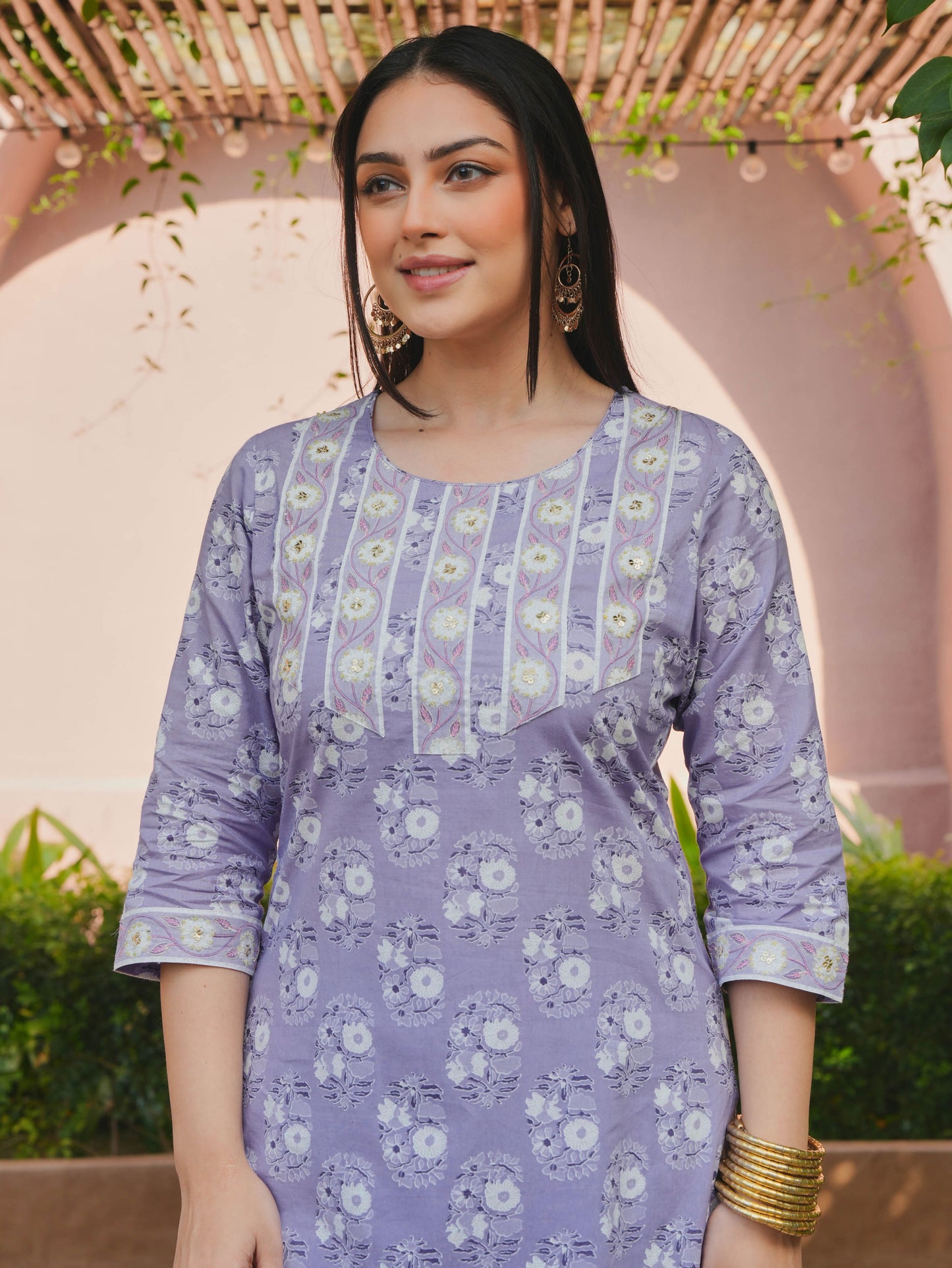 Embroidered Soft Cotton Floral Straight Purple Kurta
