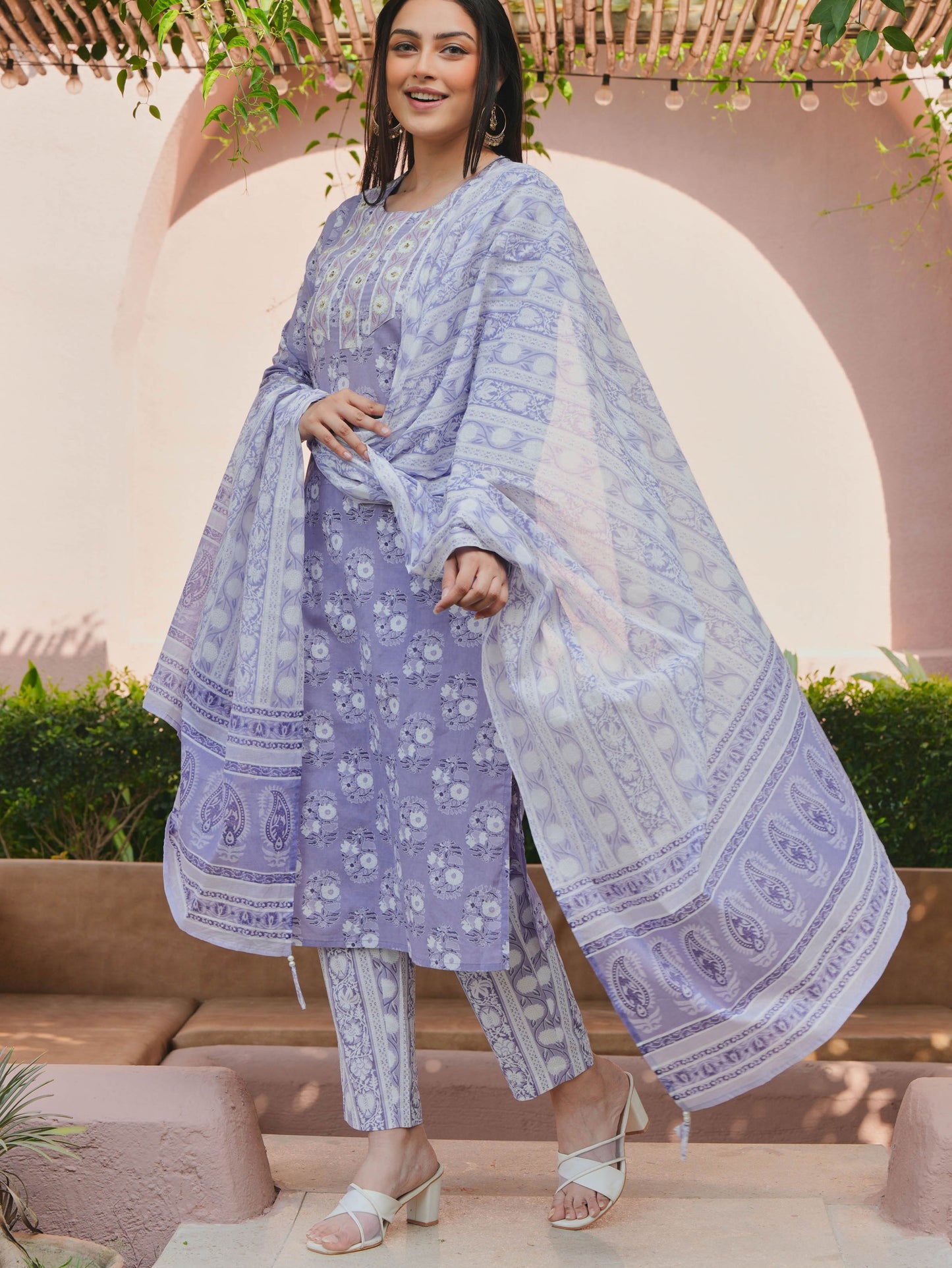 Embroidered Soft Cotton Floral Straight Purple Kurta