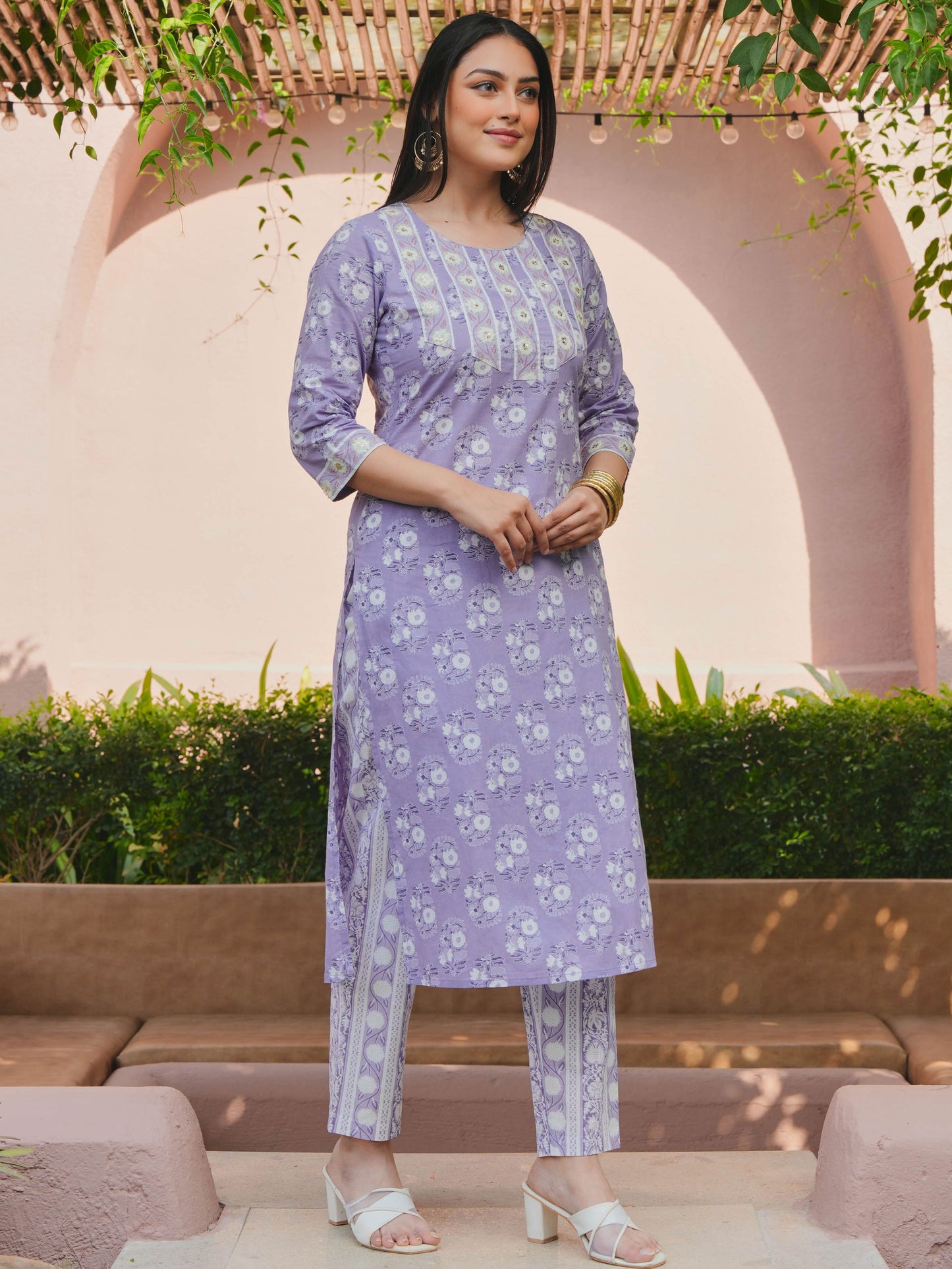 Embroidered Soft Cotton Floral Straight Purple Kurta