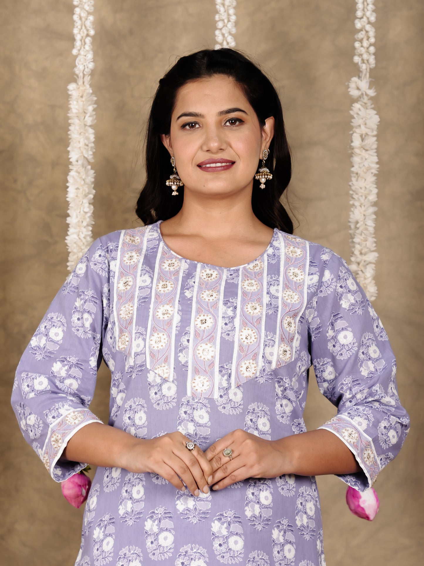 Embroidered Soft Cotton Floral Straight Purple Kurta