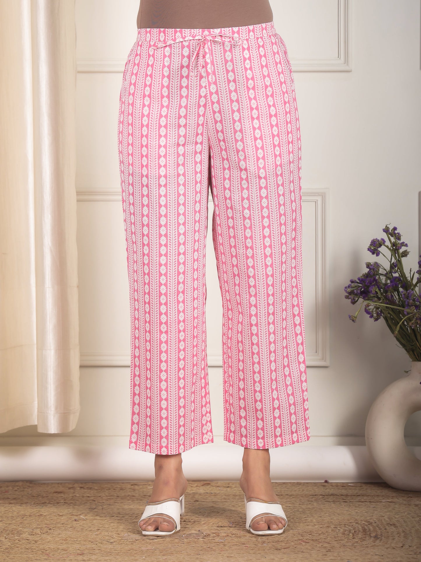 Soft Cotton Striped Pink Straight Trousers