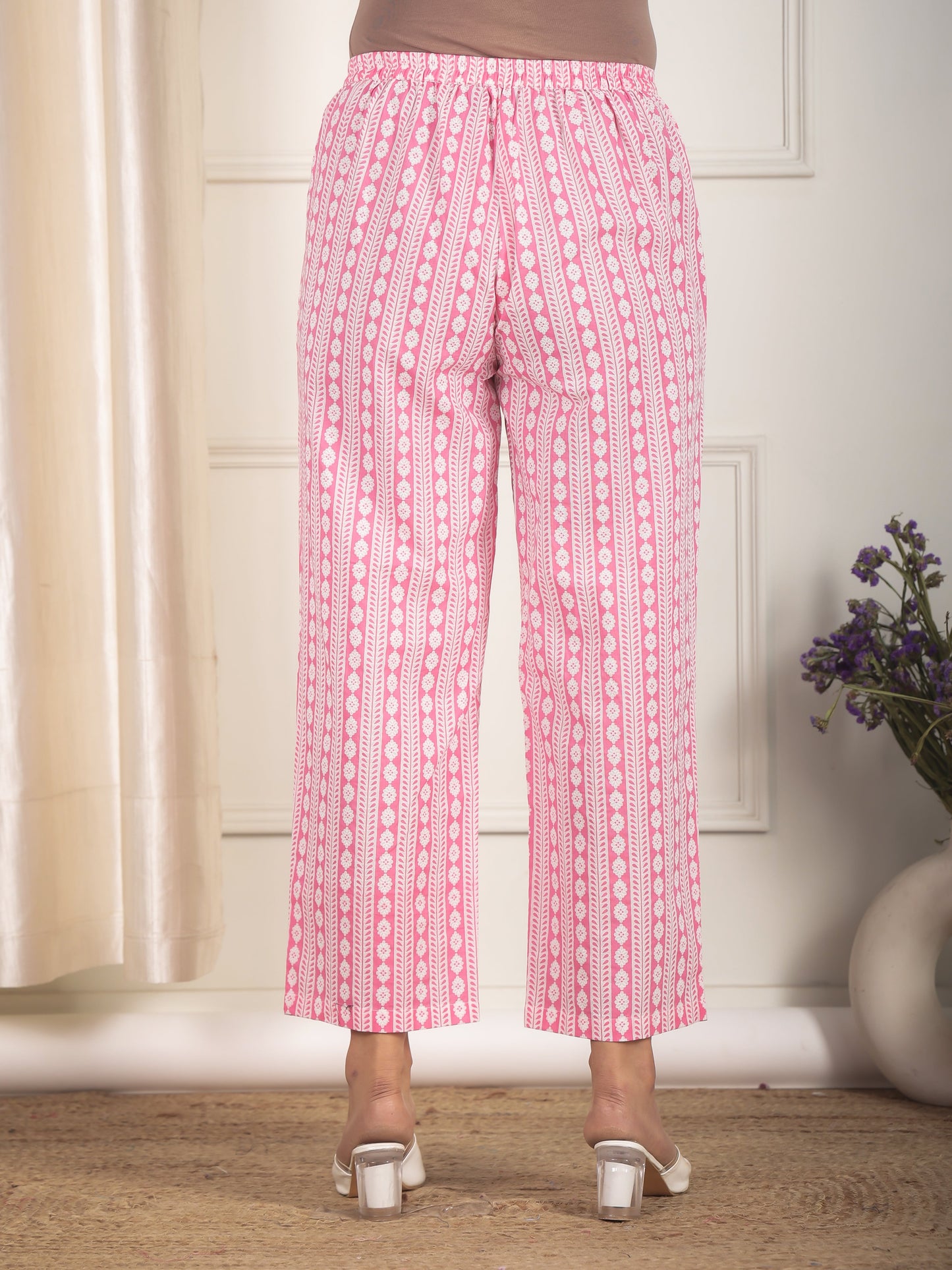 Soft Cotton Striped Pink Straight Trousers