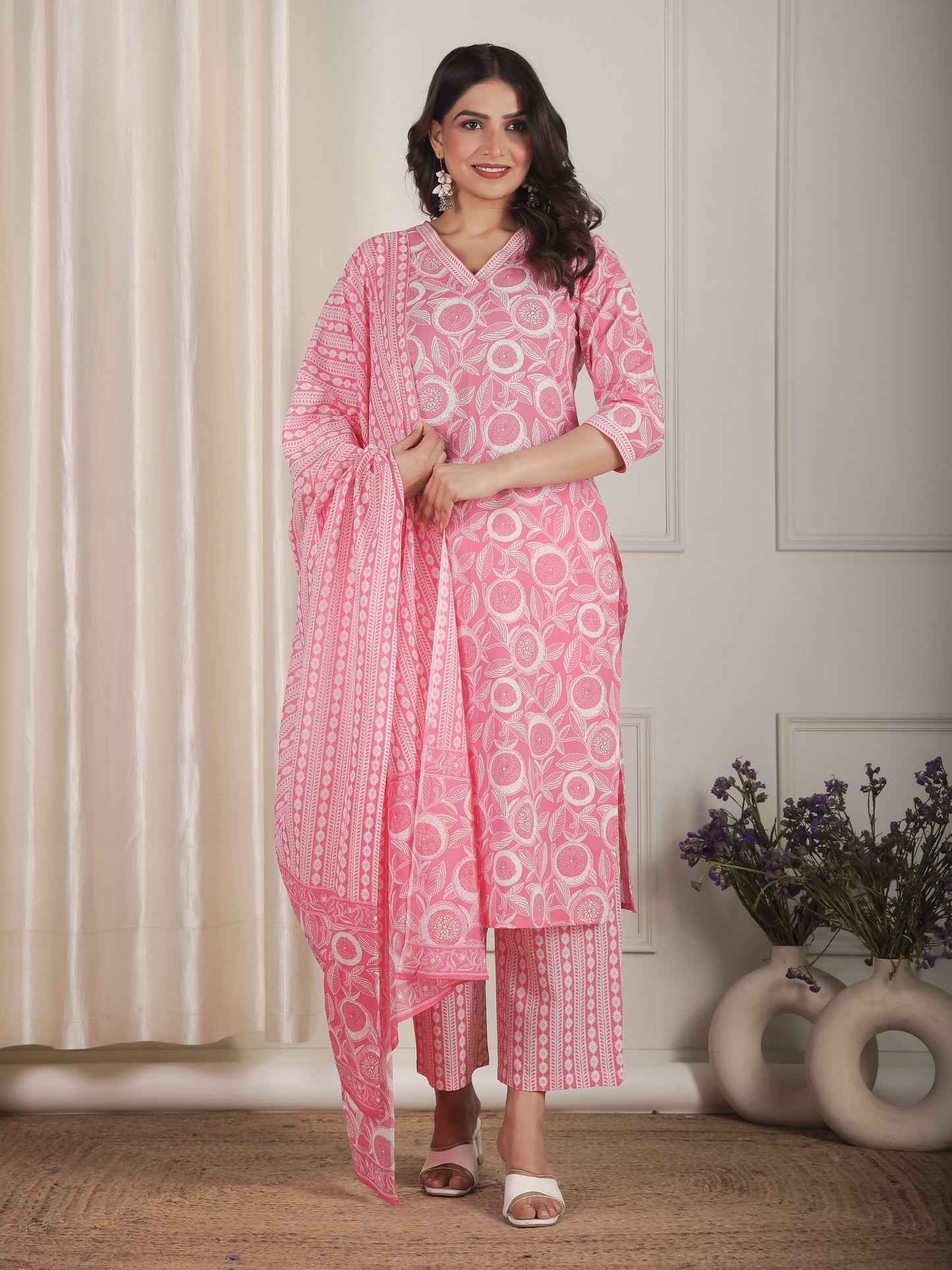 Soft Cotton Floral Straight Pink Kurta