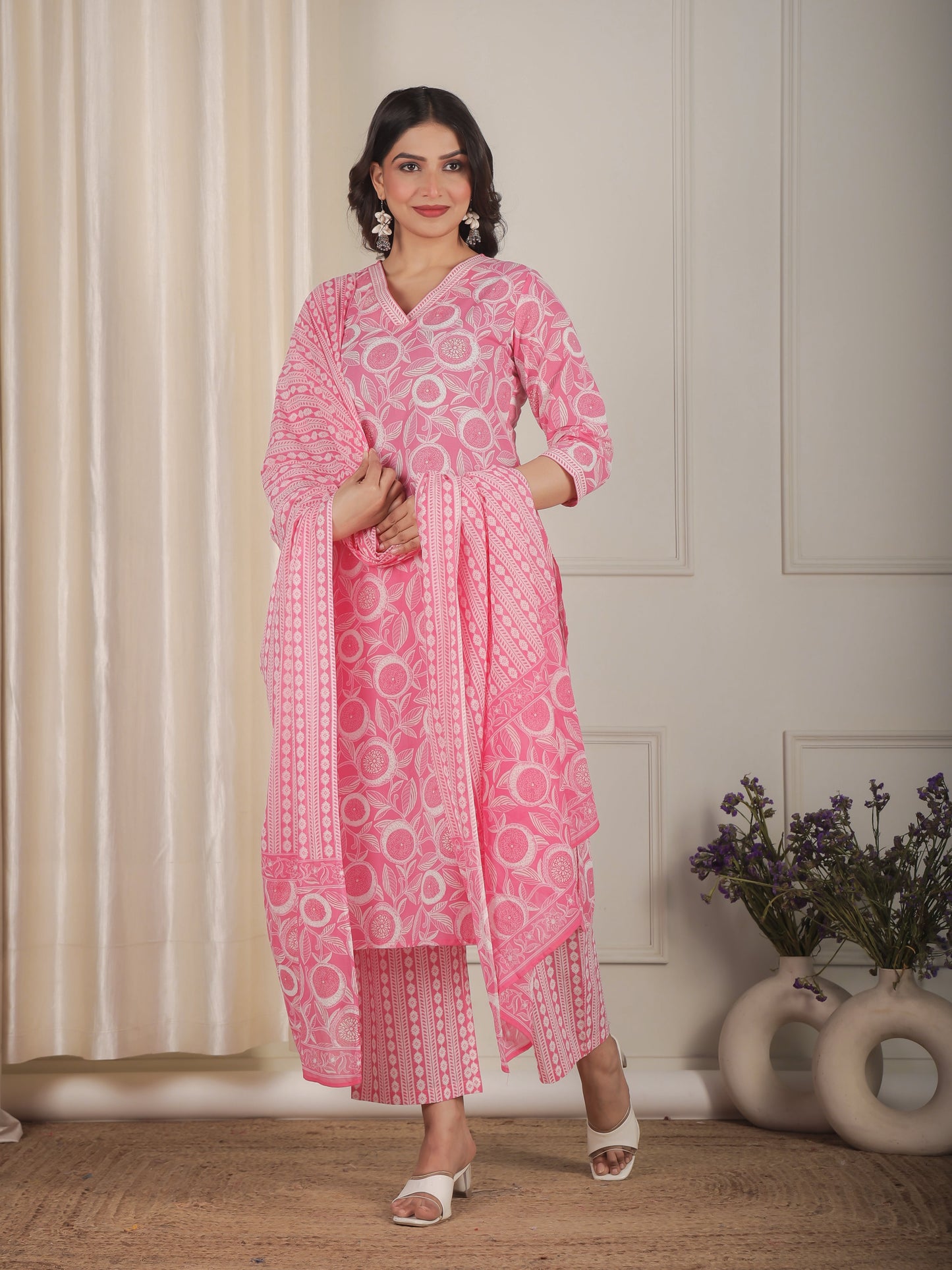 Soft Cotton Floral Straight Pink Kurta
