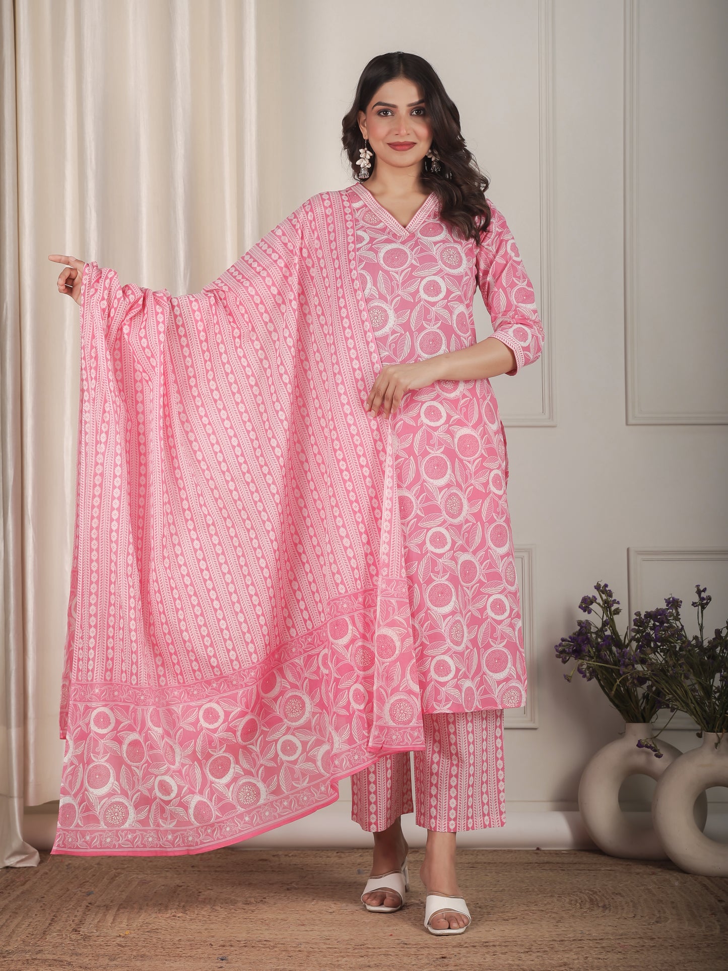 Soft Cotton Floral Straight Pink Kurta