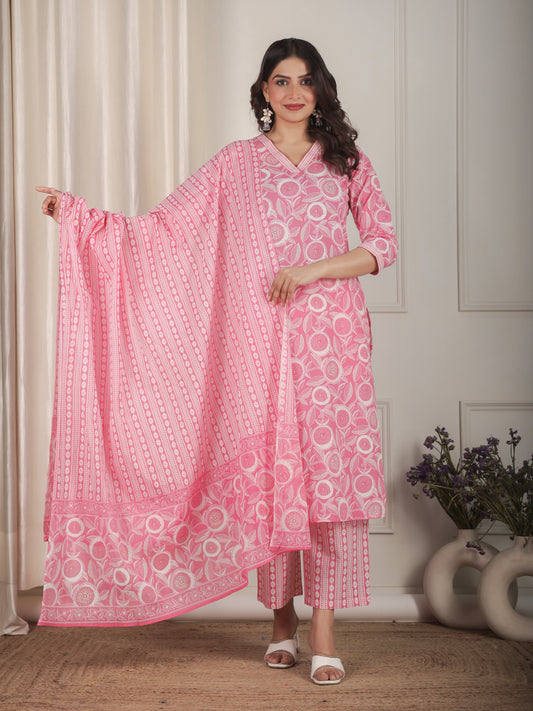 Soft Cotton Floral Straight Pink Kurta