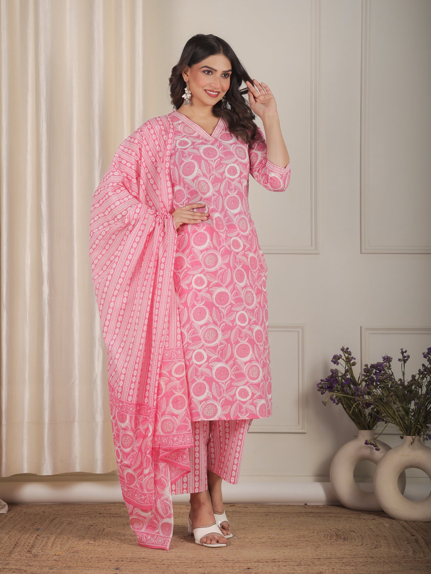Soft Cotton Floral Straight Pink Kurta