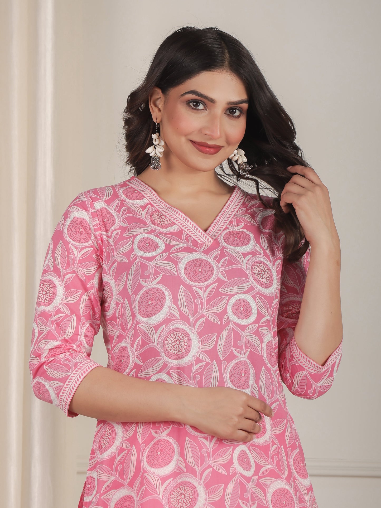 Soft Cotton Floral Straight Pink Kurta