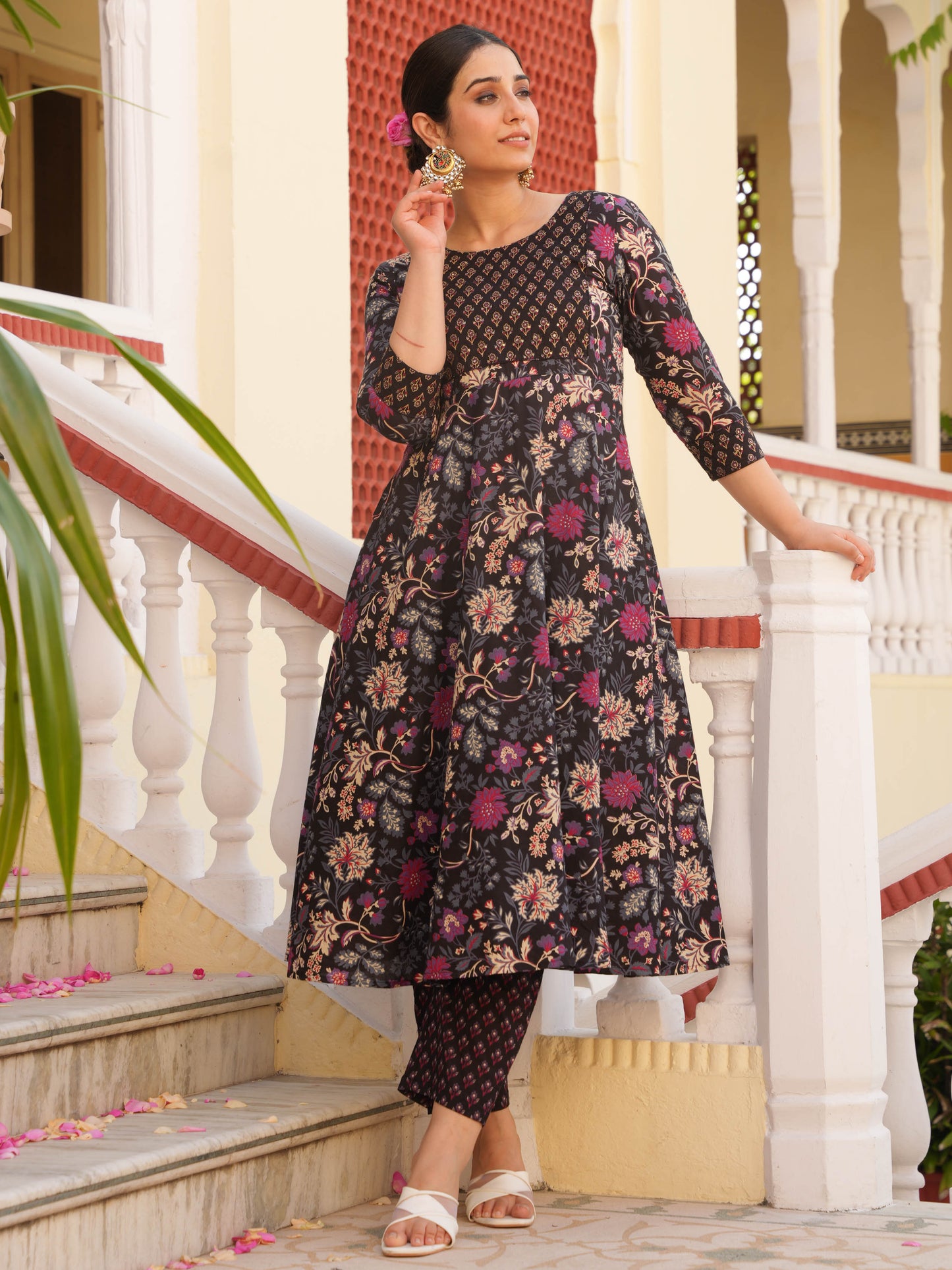 Embroidered Soft Cotton Floral Anarkali Purple Kurta