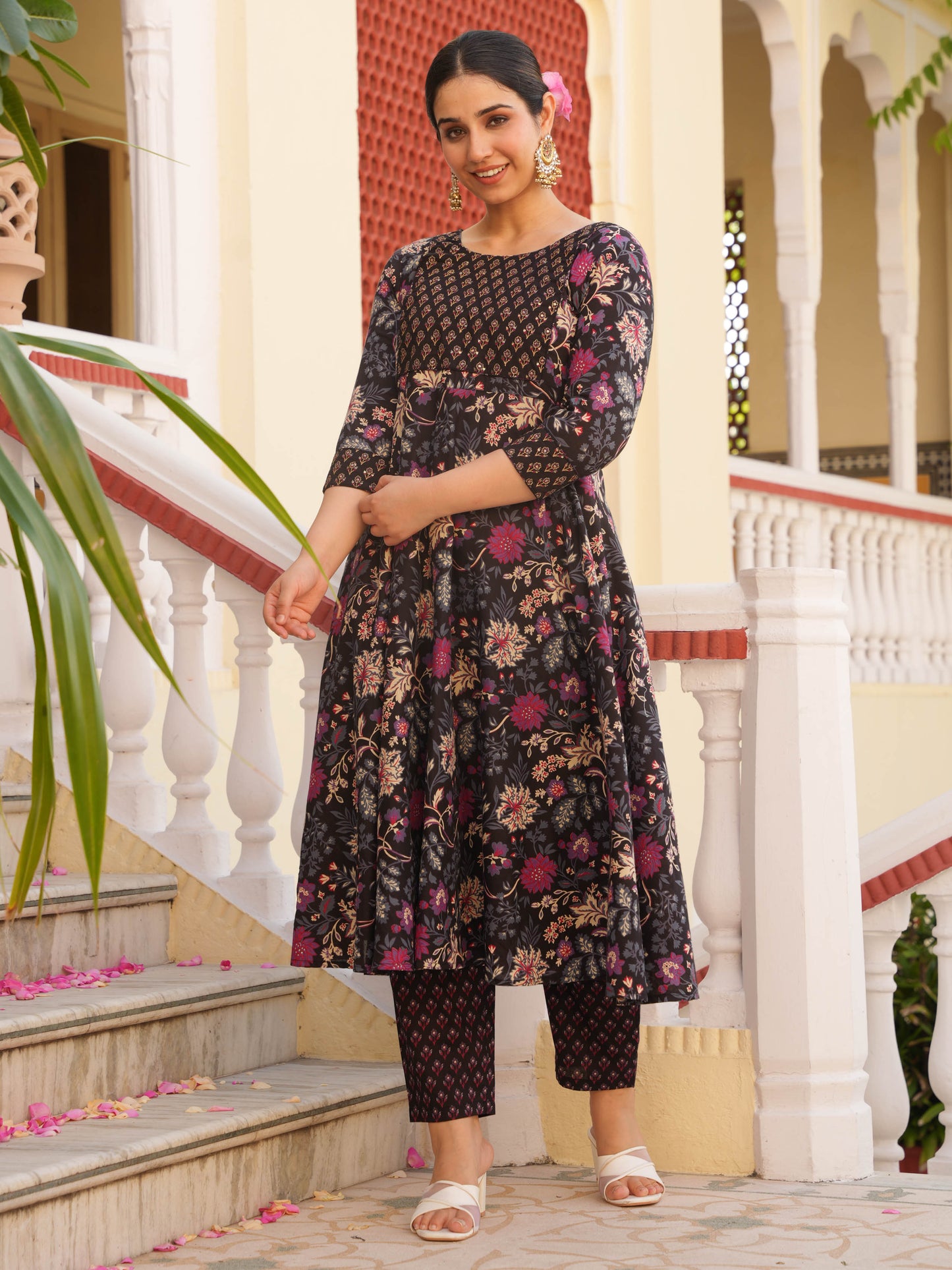 Embroidered Soft Cotton Floral Anarkali Purple Kurta