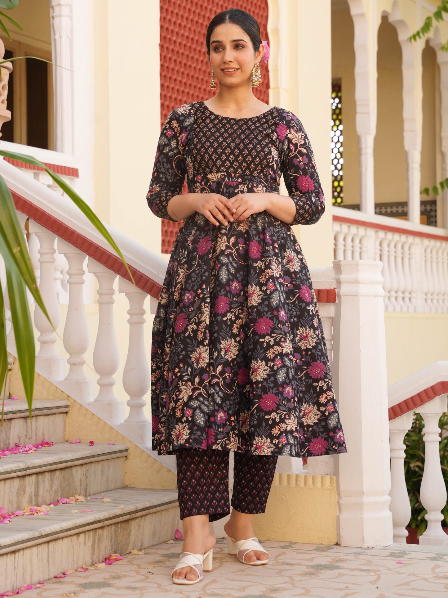 Embroidered Soft Cotton Floral Anarkali Purple Kurta