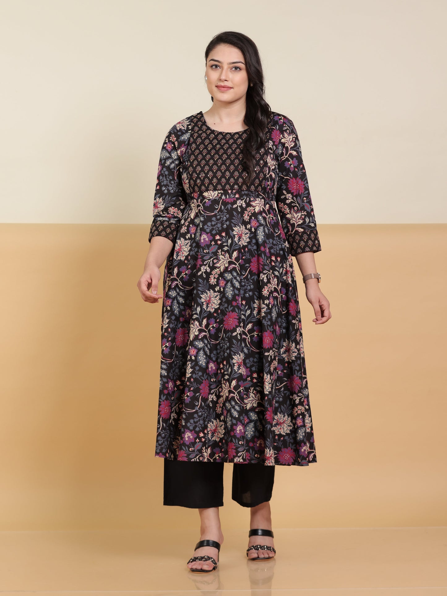 Embroidered Soft Cotton Floral Anarkali Purple Kurta