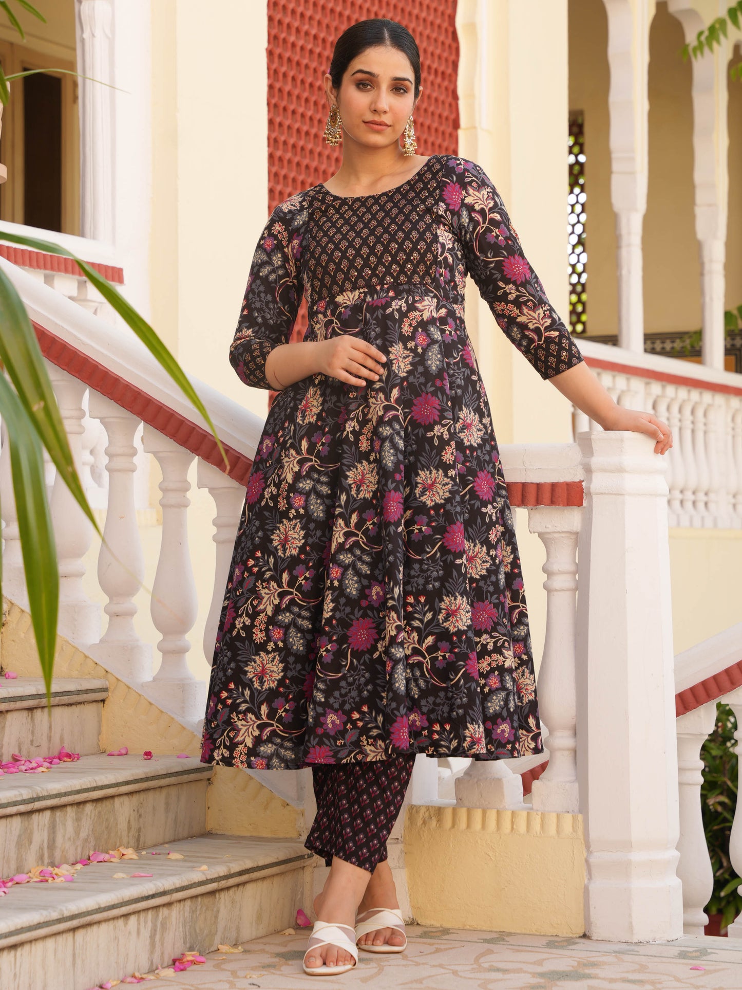 Embroidered Soft Cotton Floral Anarkali Purple Kurta